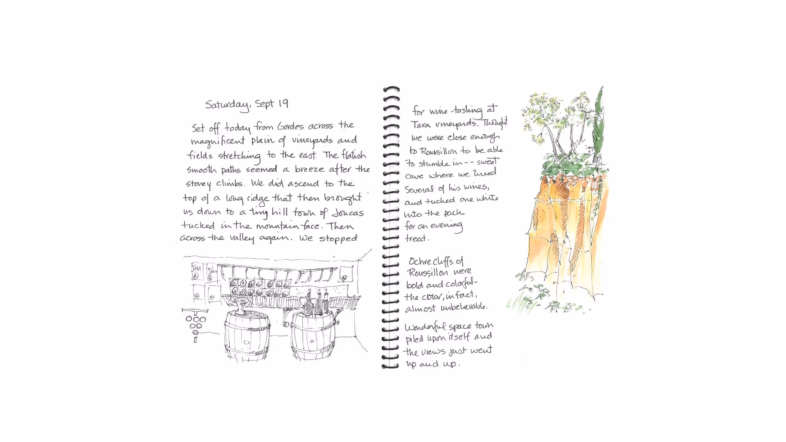 Travel journal page with wine tasting notes and sketches of vineyards