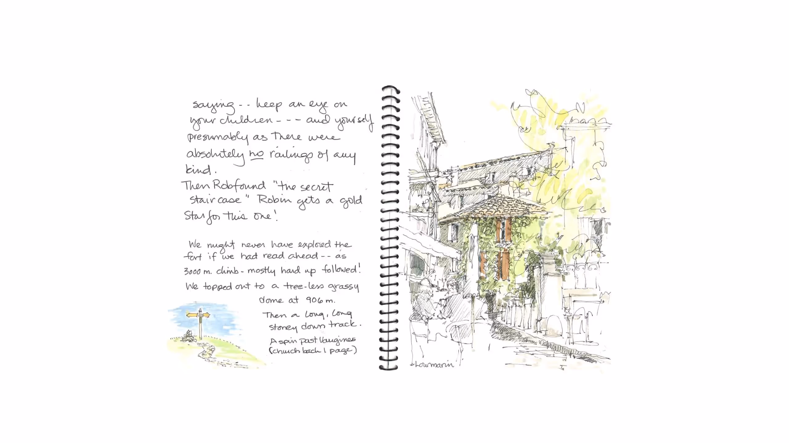 Hand-drawn travel journal sketch of a quaint village with trees and buildings