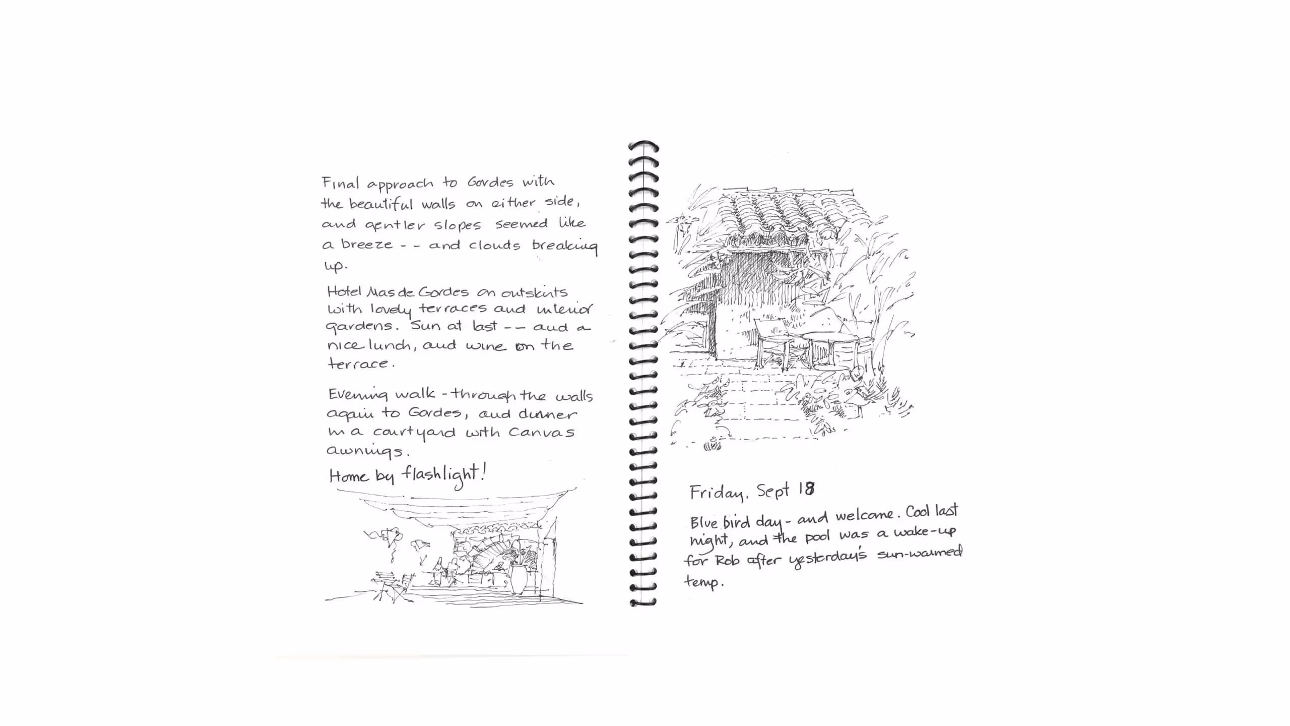 Hand-drawn travel journal page with sketches of Godes hotel and courtyard
