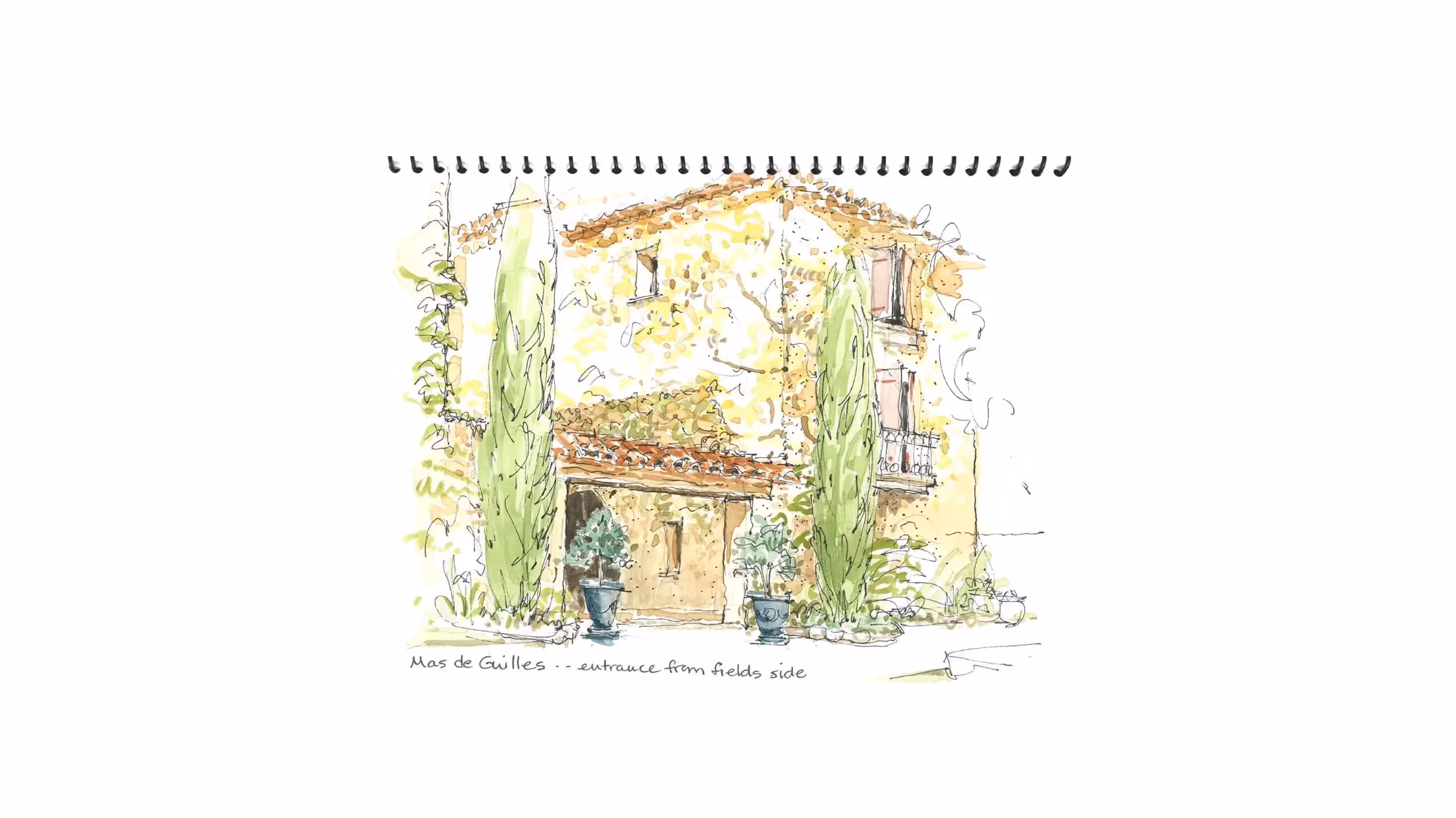 Watercolor sketch of Mas de Guilles farmhouse with cypress trees