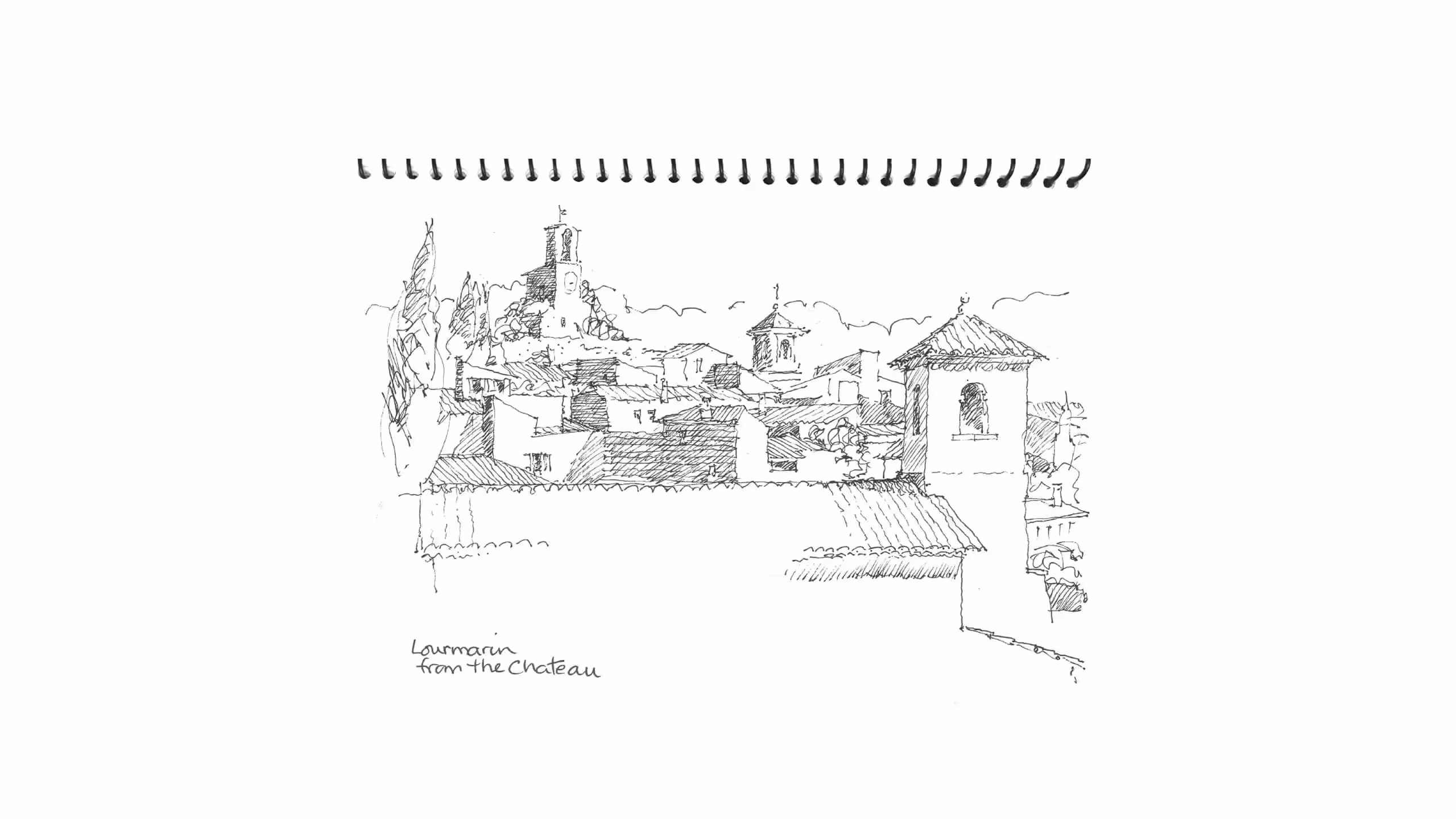 Hand-drawn sketch of a French village with rooftops and church towers