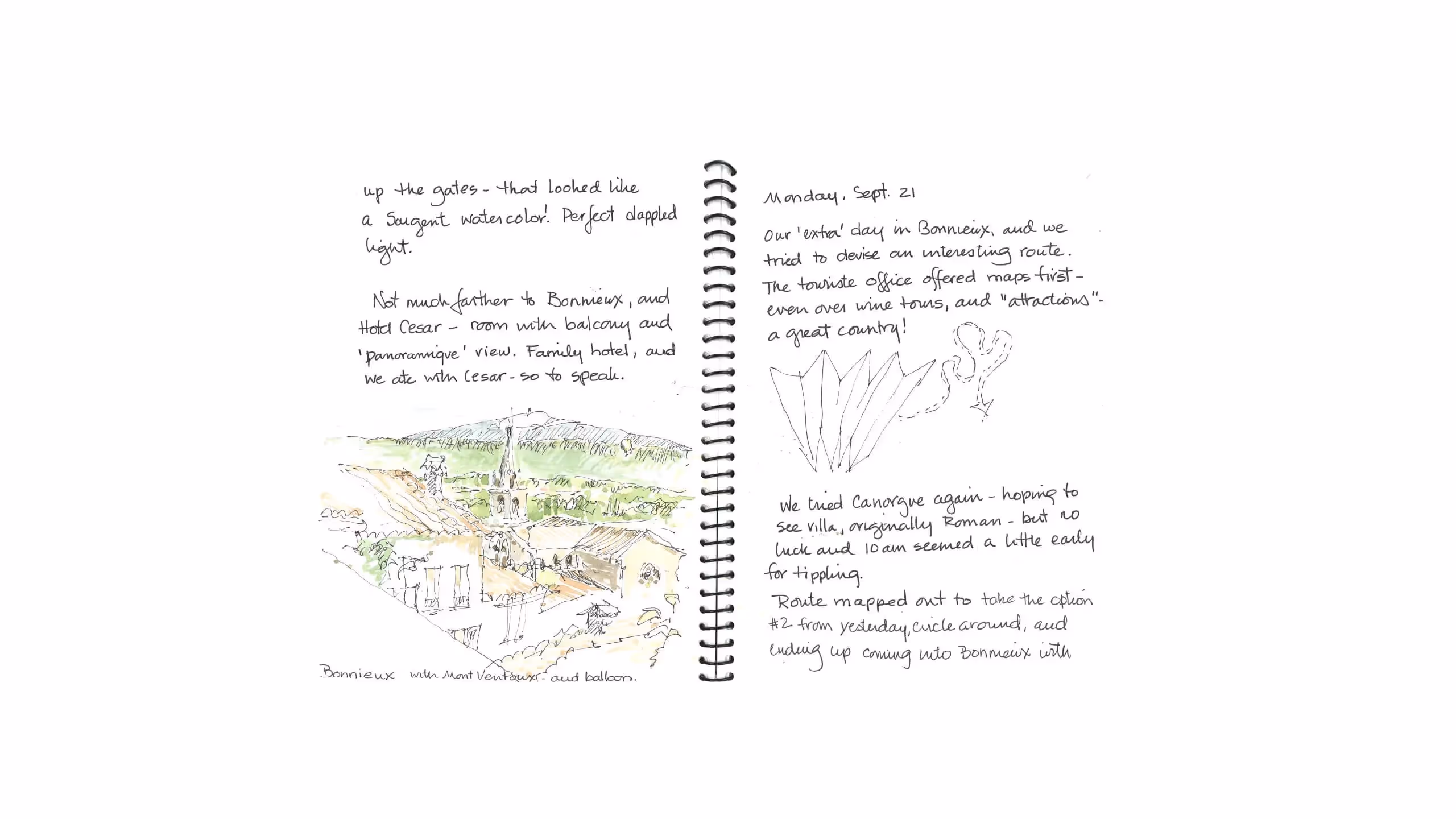 Travel journal page with watercolor sketch of Bonnieux village and handwritten notes