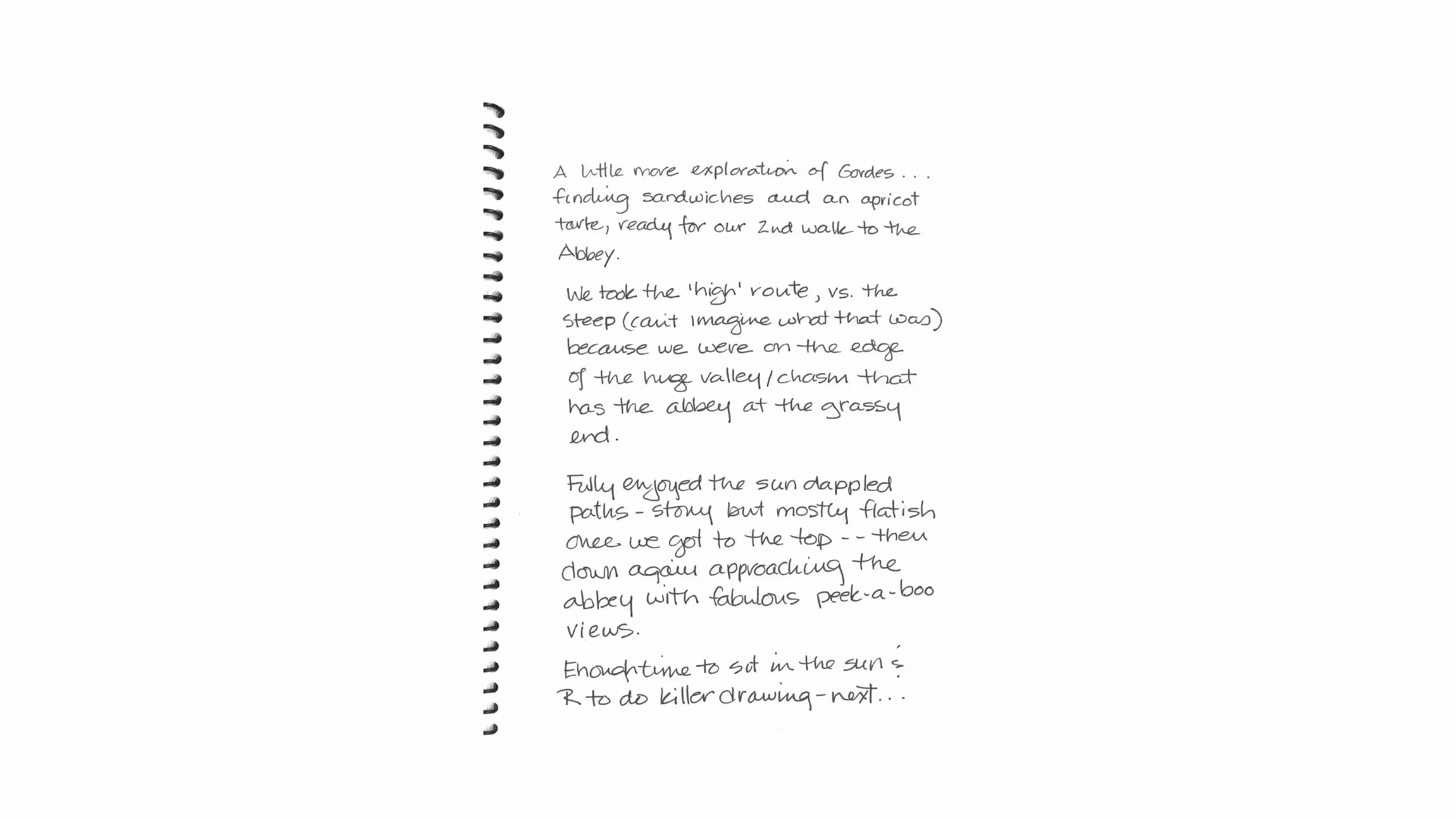 Handwritten journal entry describing a walk to an abbey with sandwiches