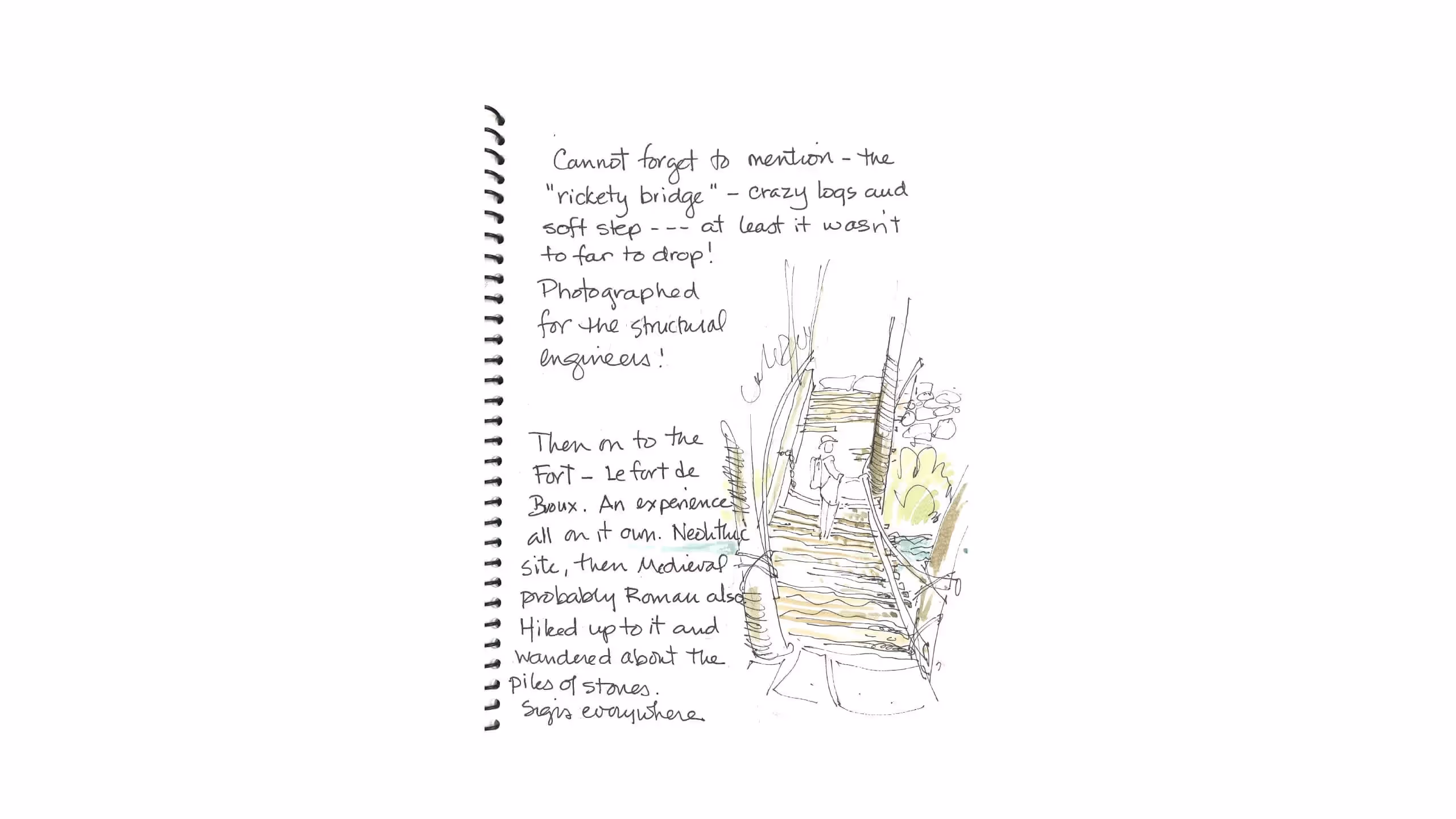 Sketched rickety wooden bridge with handwritten notes about location