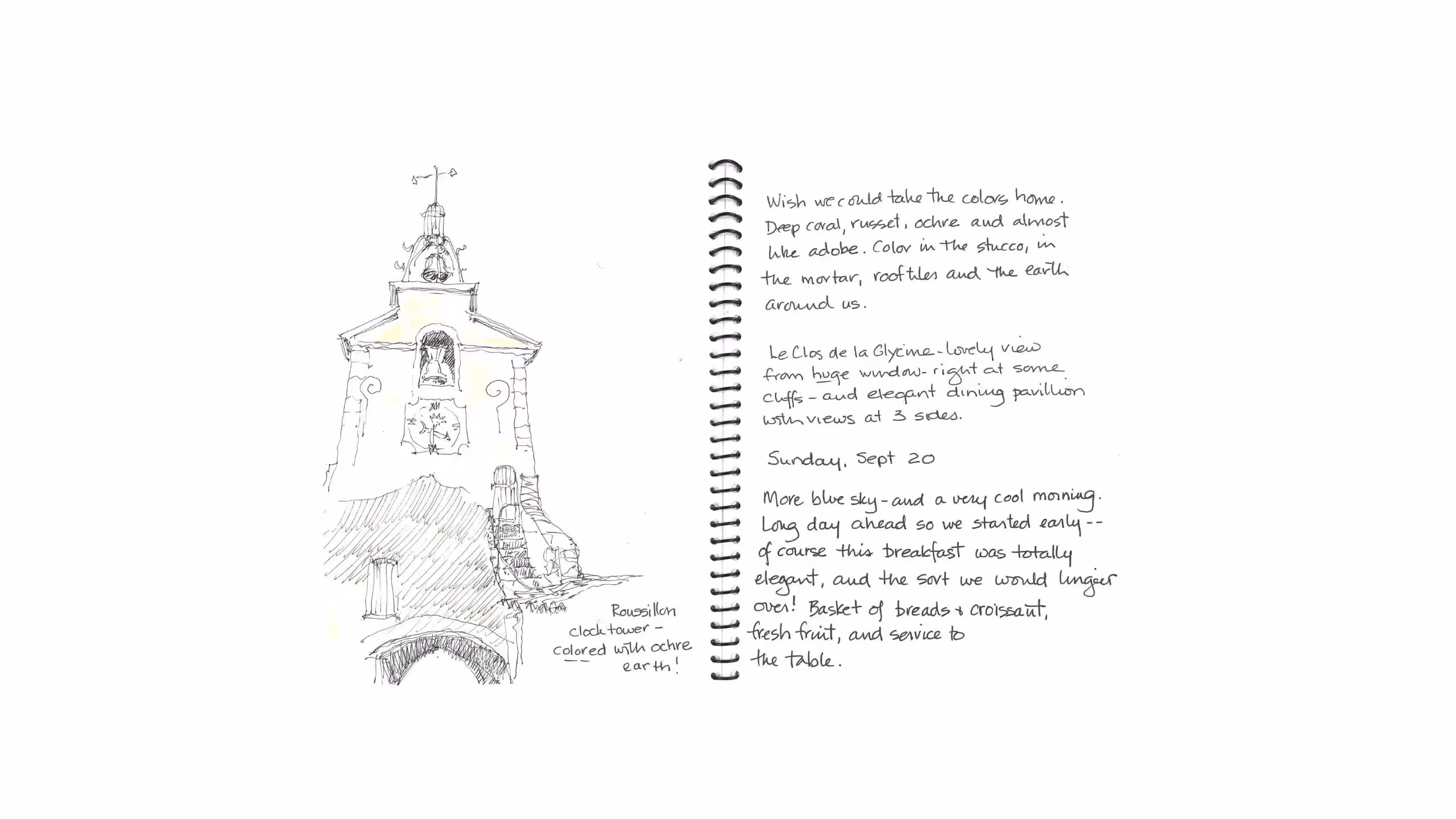 Hand-drawn sketch of Roussillon clock tower with architectural details