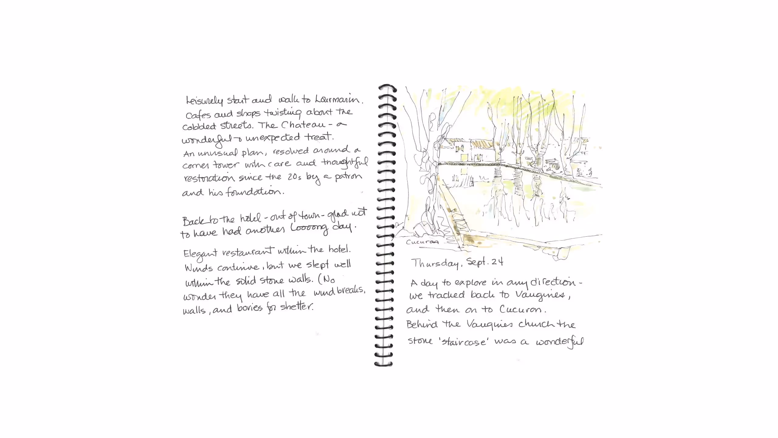Travel journal page with handwritten text and watercolor sketch of a street scene