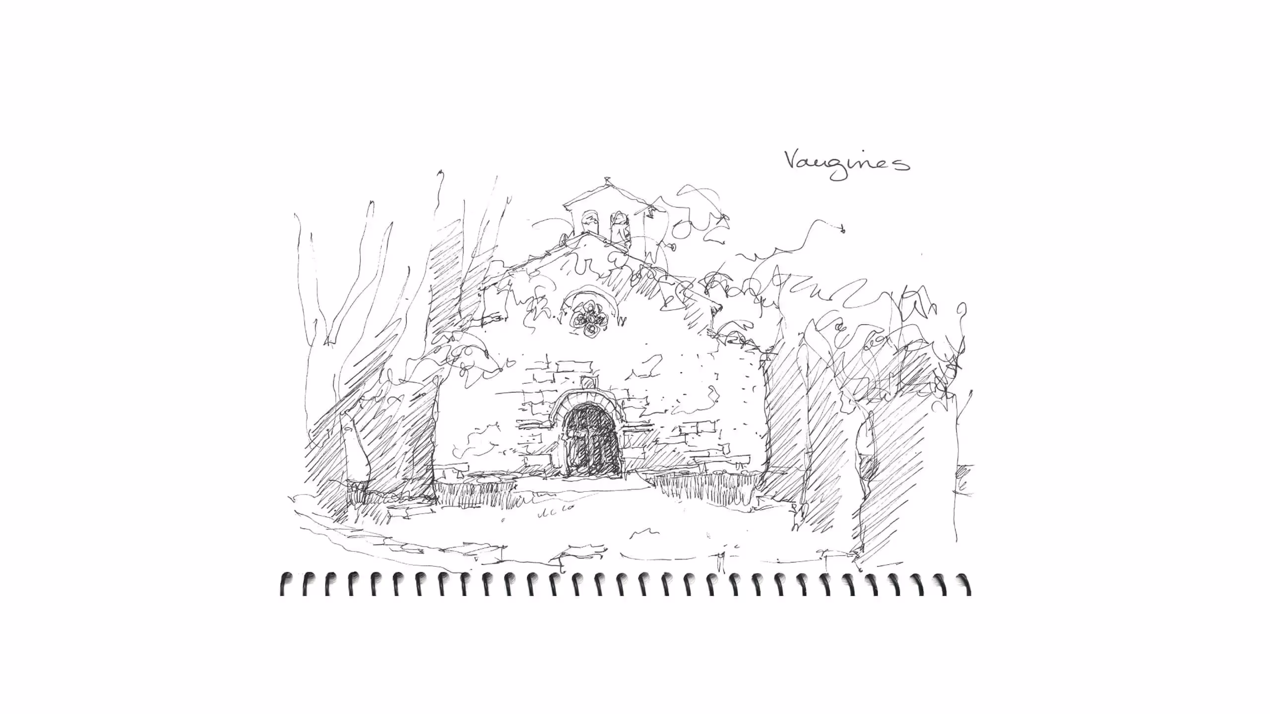 Hand-drawn sketch of a stone building with arched doorway surrounded by trees