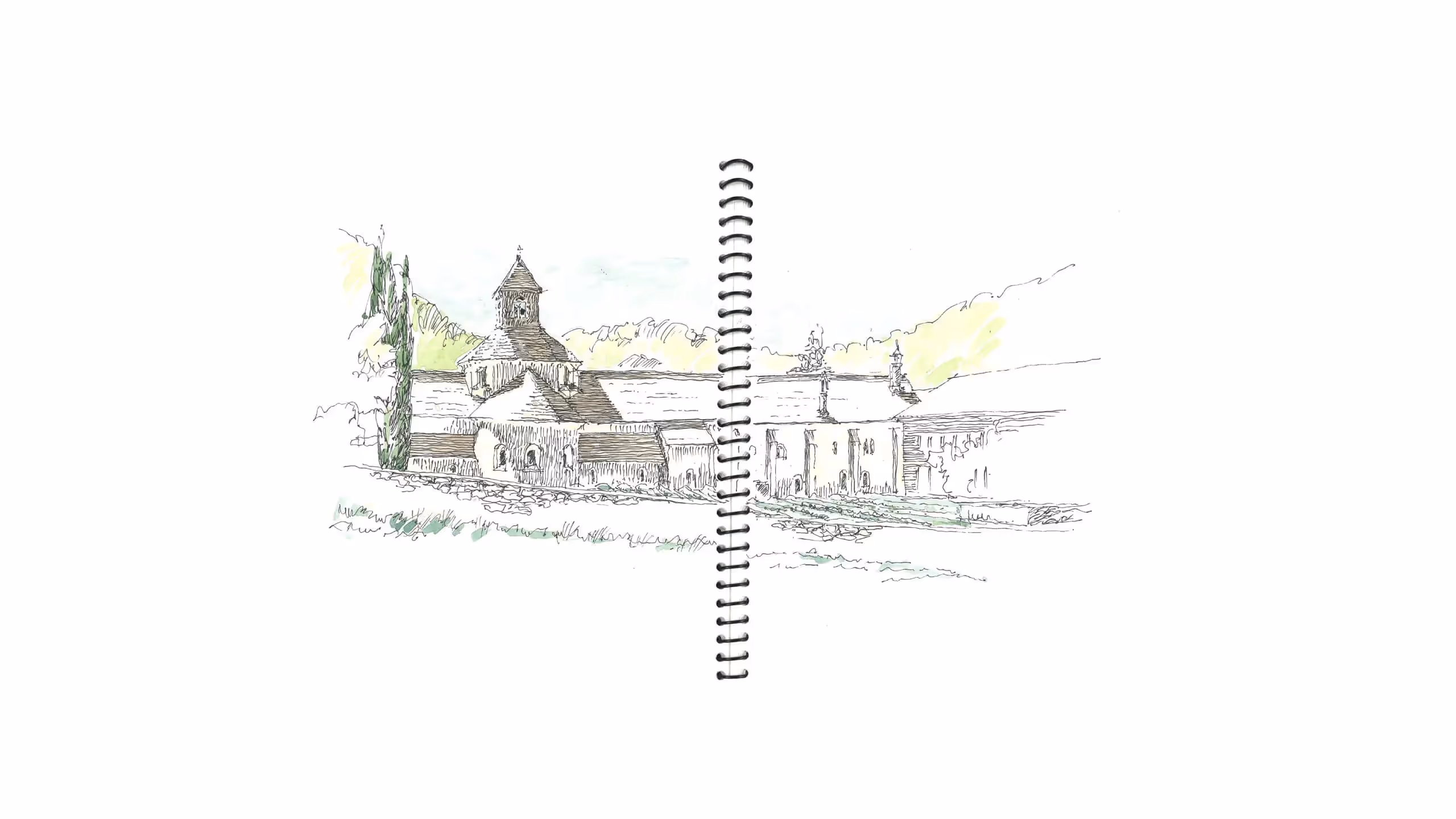 Sketch of rural buildings with church tower and landscape background