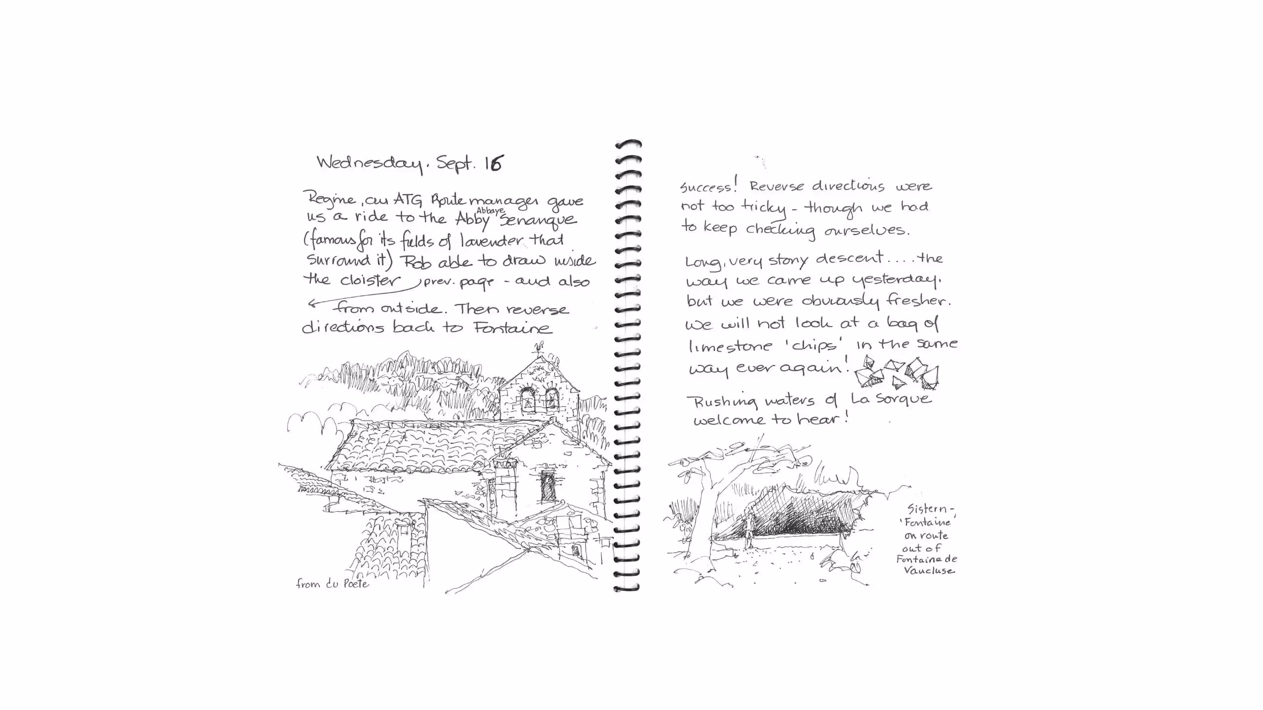 Hand-drawn travel journal page with sketches of French countryside architecture