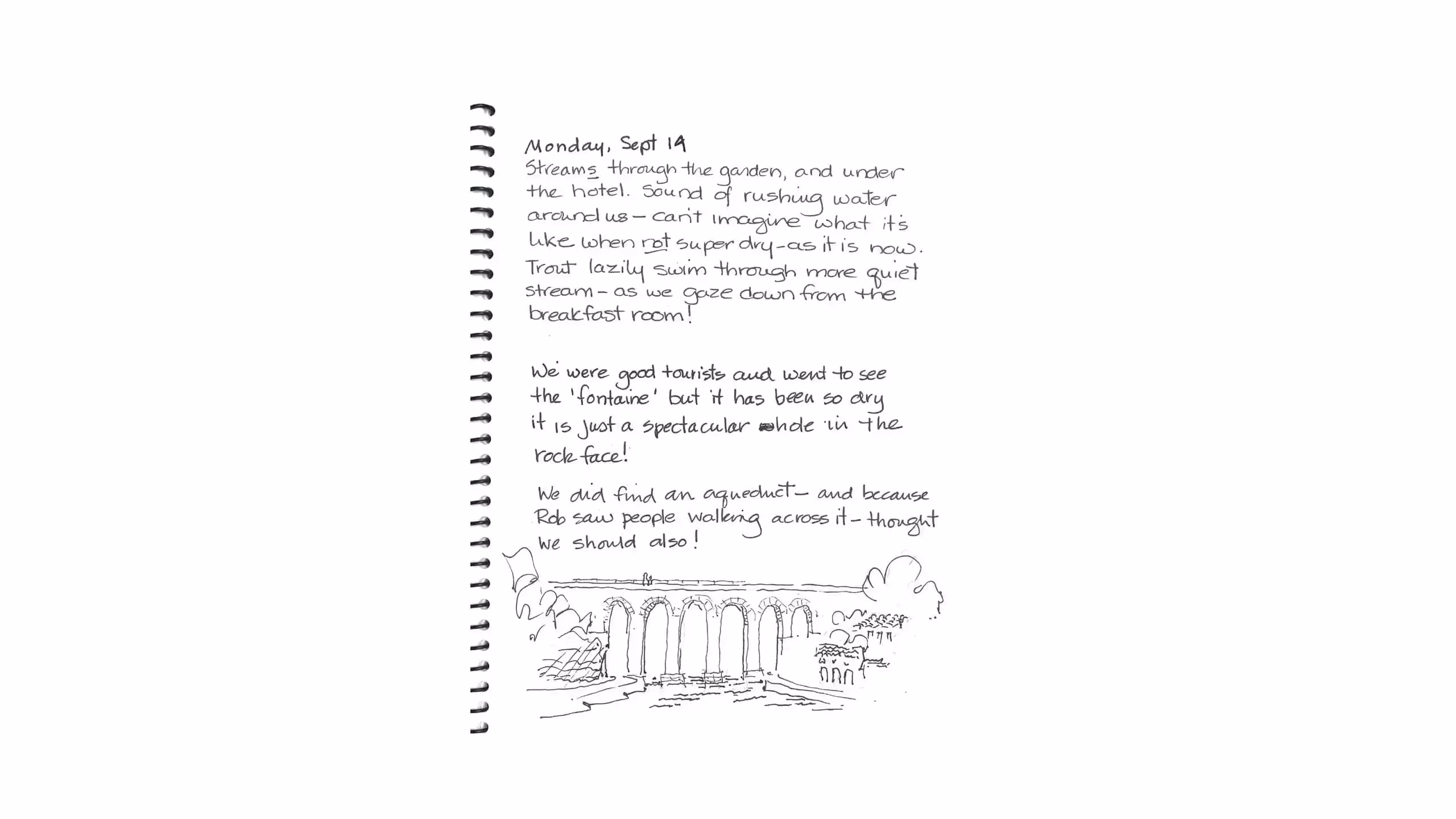 Travel journal page with handwritten notes and sketch of an aqueduct