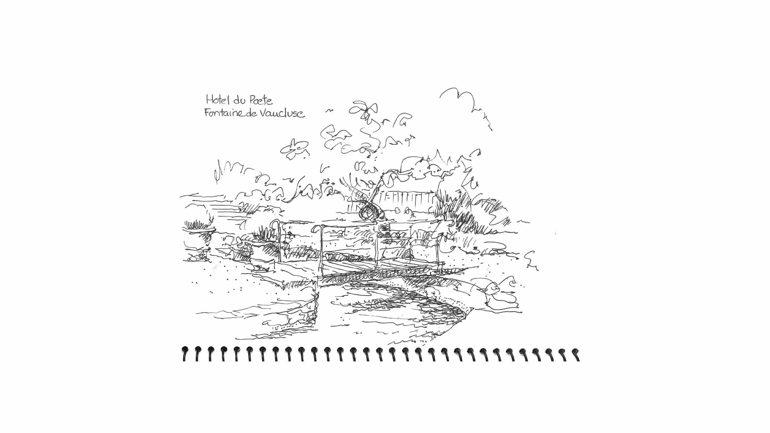 Sketch of Fontaine de Vaucluse with bridge, water, and Hotel du Poete