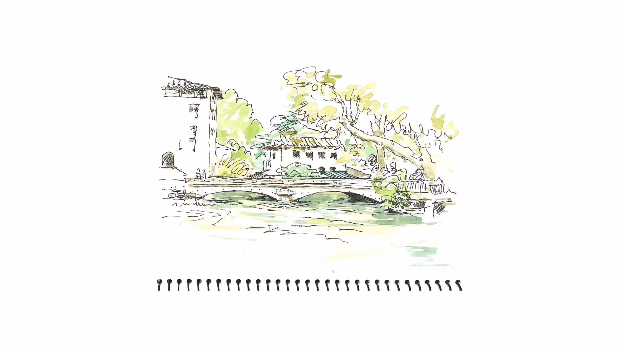 Watercolor sketch of a bridge, buildings, and trees near a river