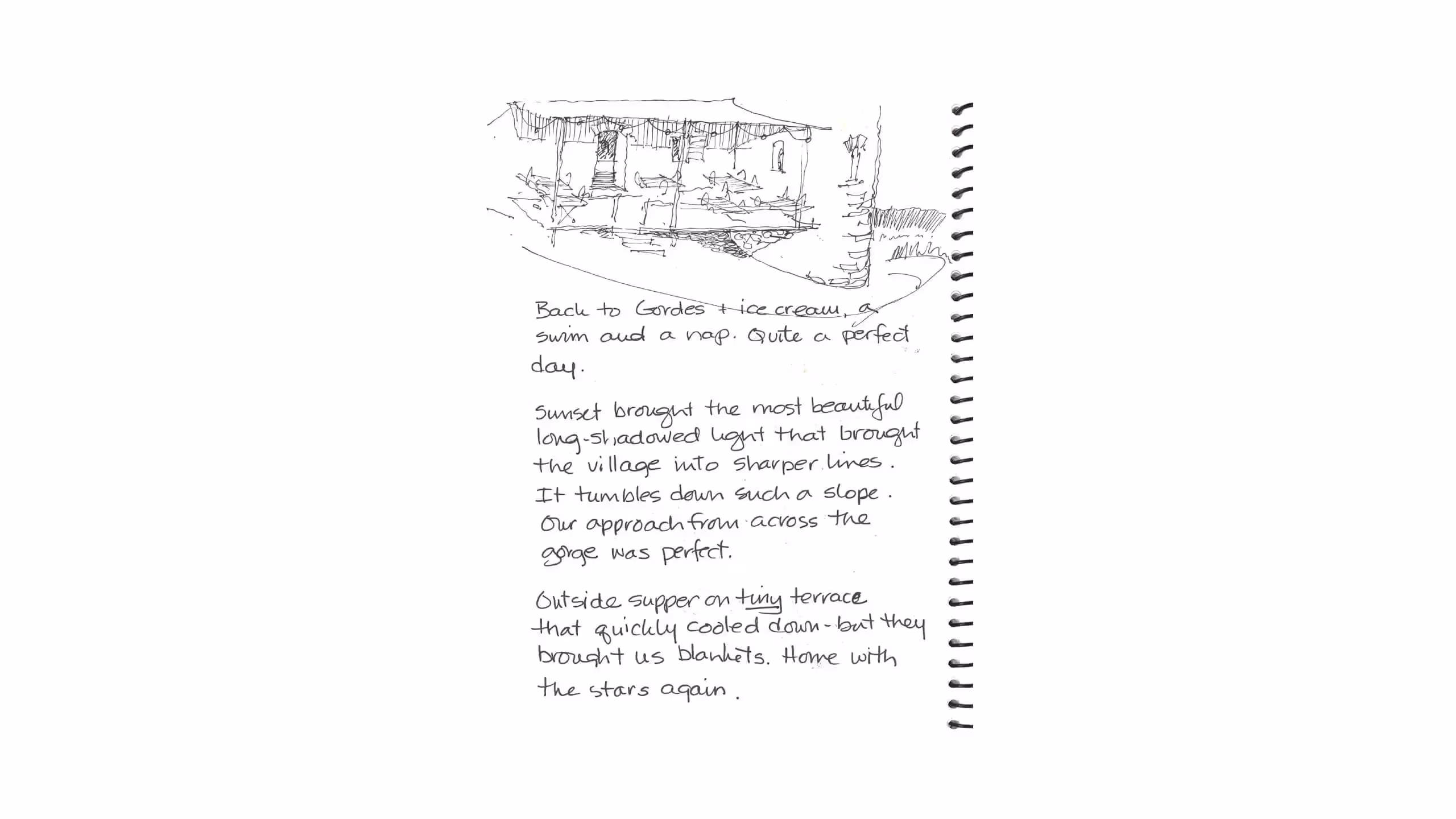 Hand-drawn sketch of a village scene with handwritten journal entry