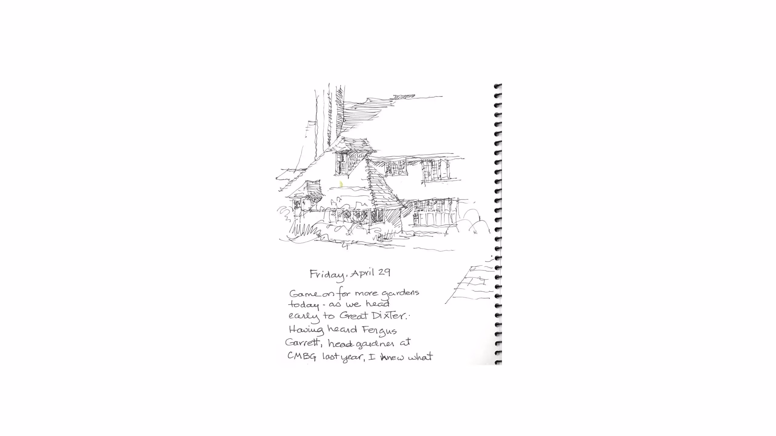 Sketch of a rustic house with gardens, dated Friday, April 29