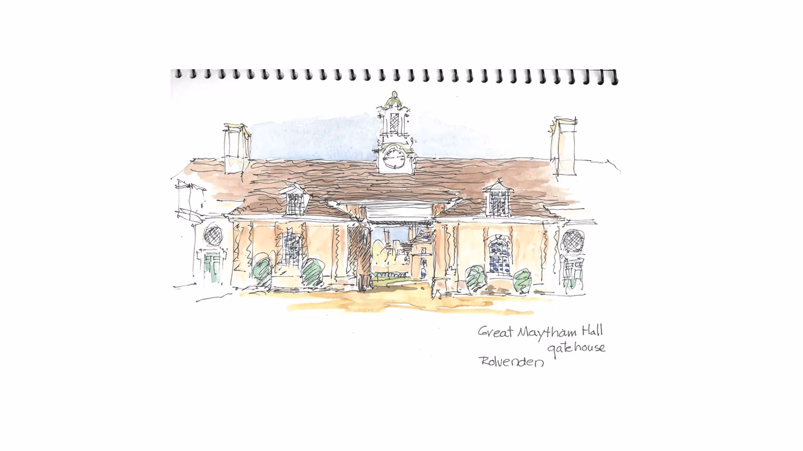 Watercolor sketch of Great Maytham Hall with clock tower and gardens