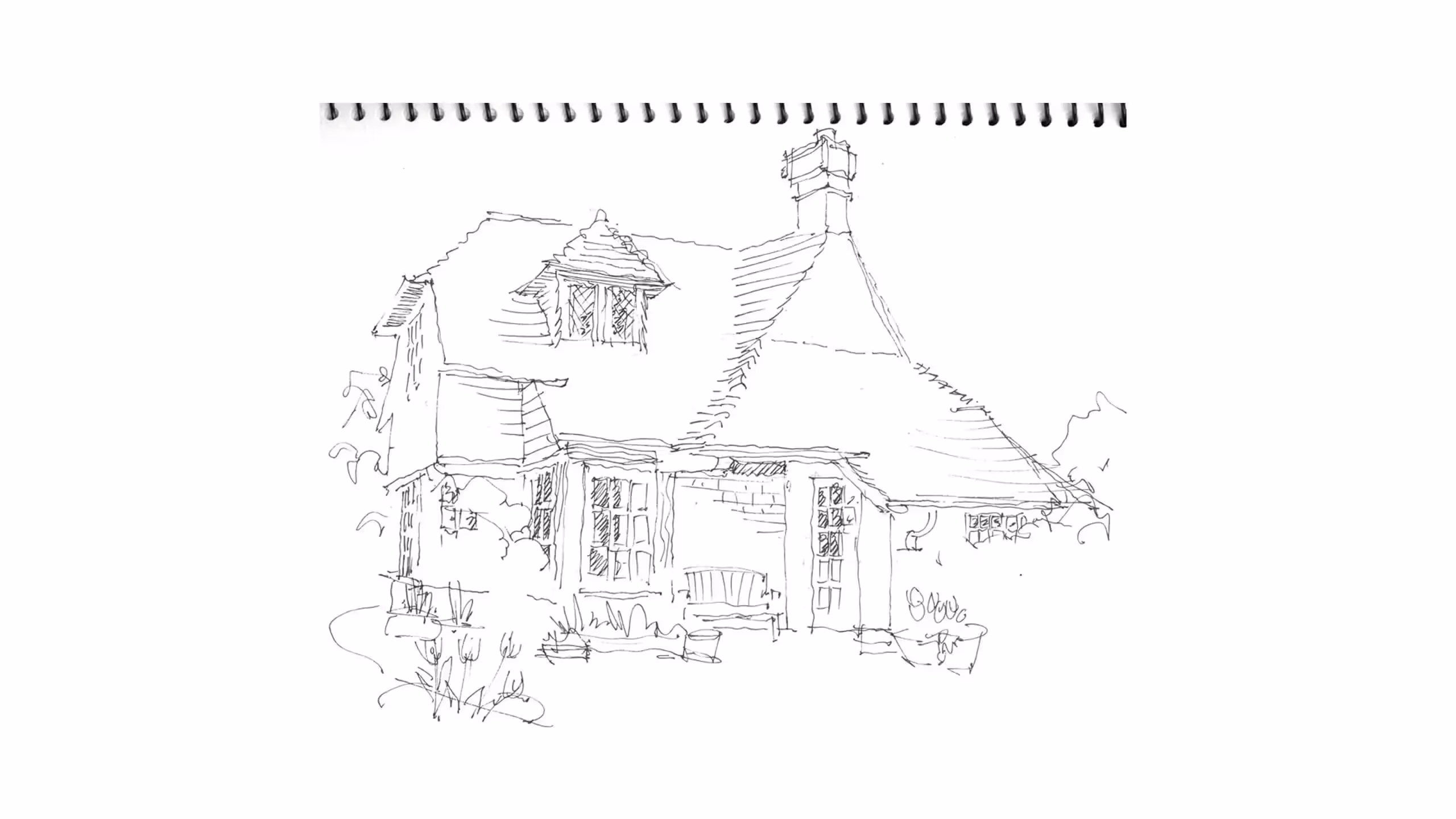 Hand-drawn sketch of a cottage with windows, chimney, and garden foliage