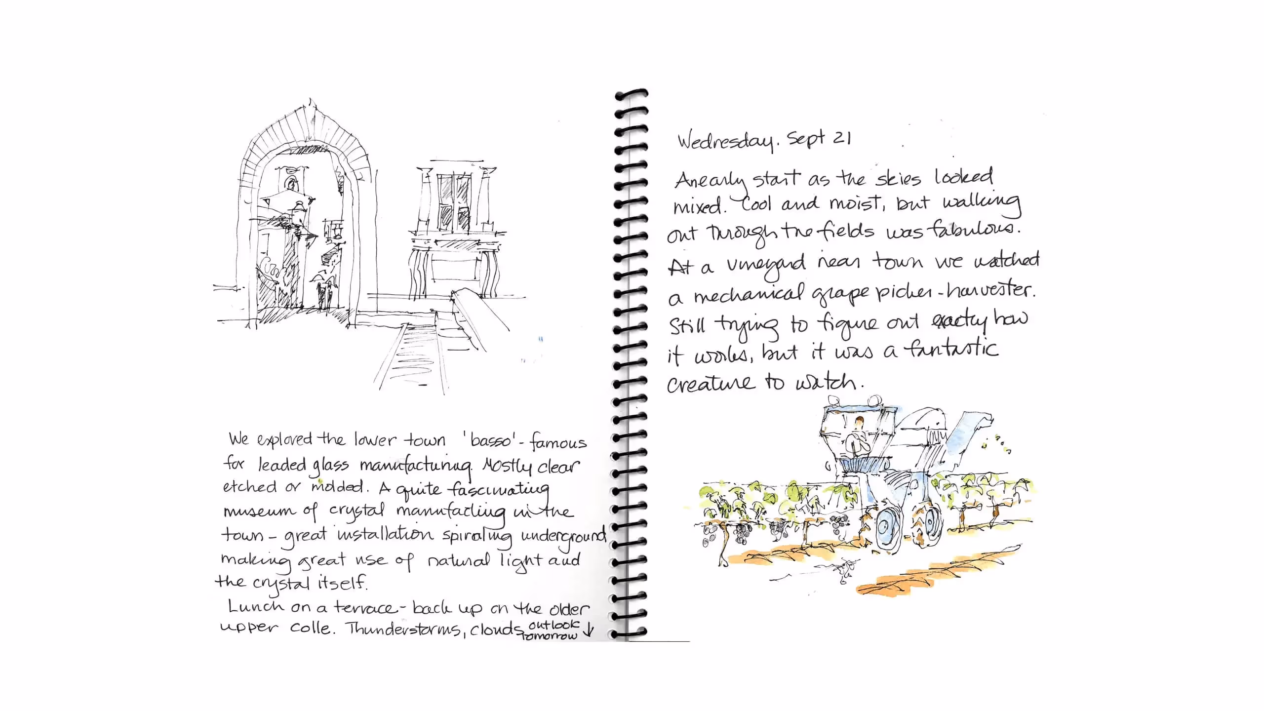 Travel journal with sketches of town architecture and grape harvesting
