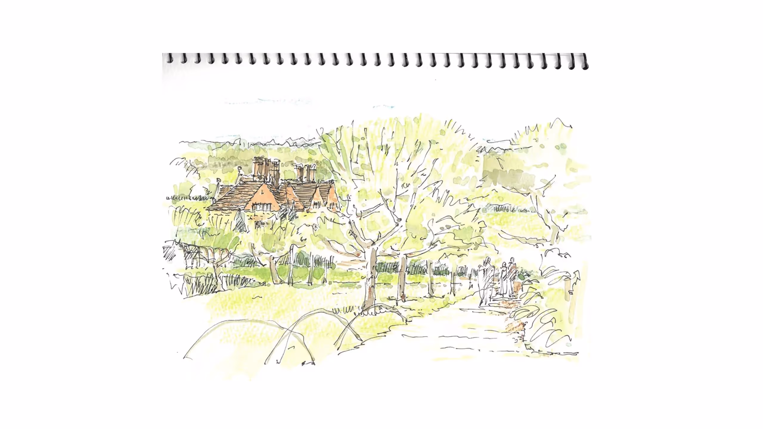 Watercolor sketch of English countryside with cottages and trees