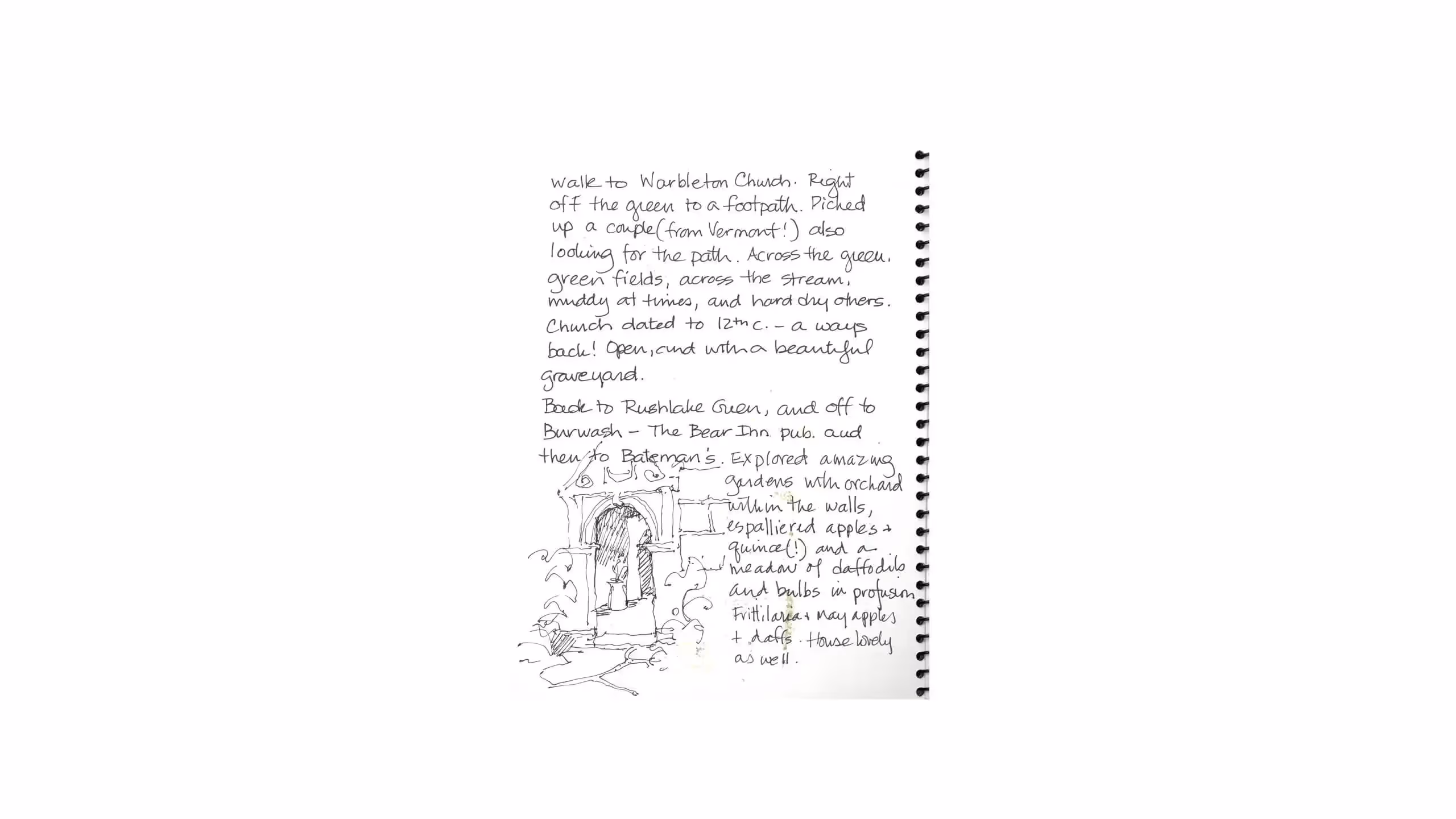 Hand-written travel journal page with sketch of garden entrance