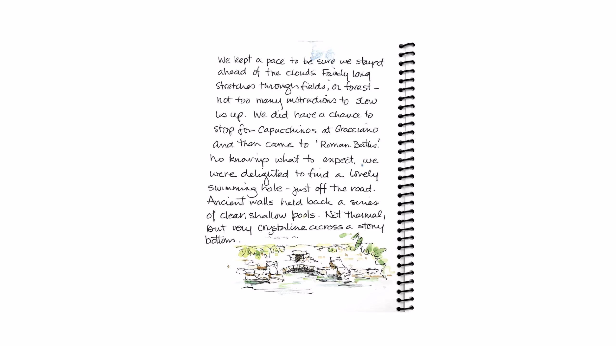 Travel journal page with handwritten text and a small watercolor sketch of pools