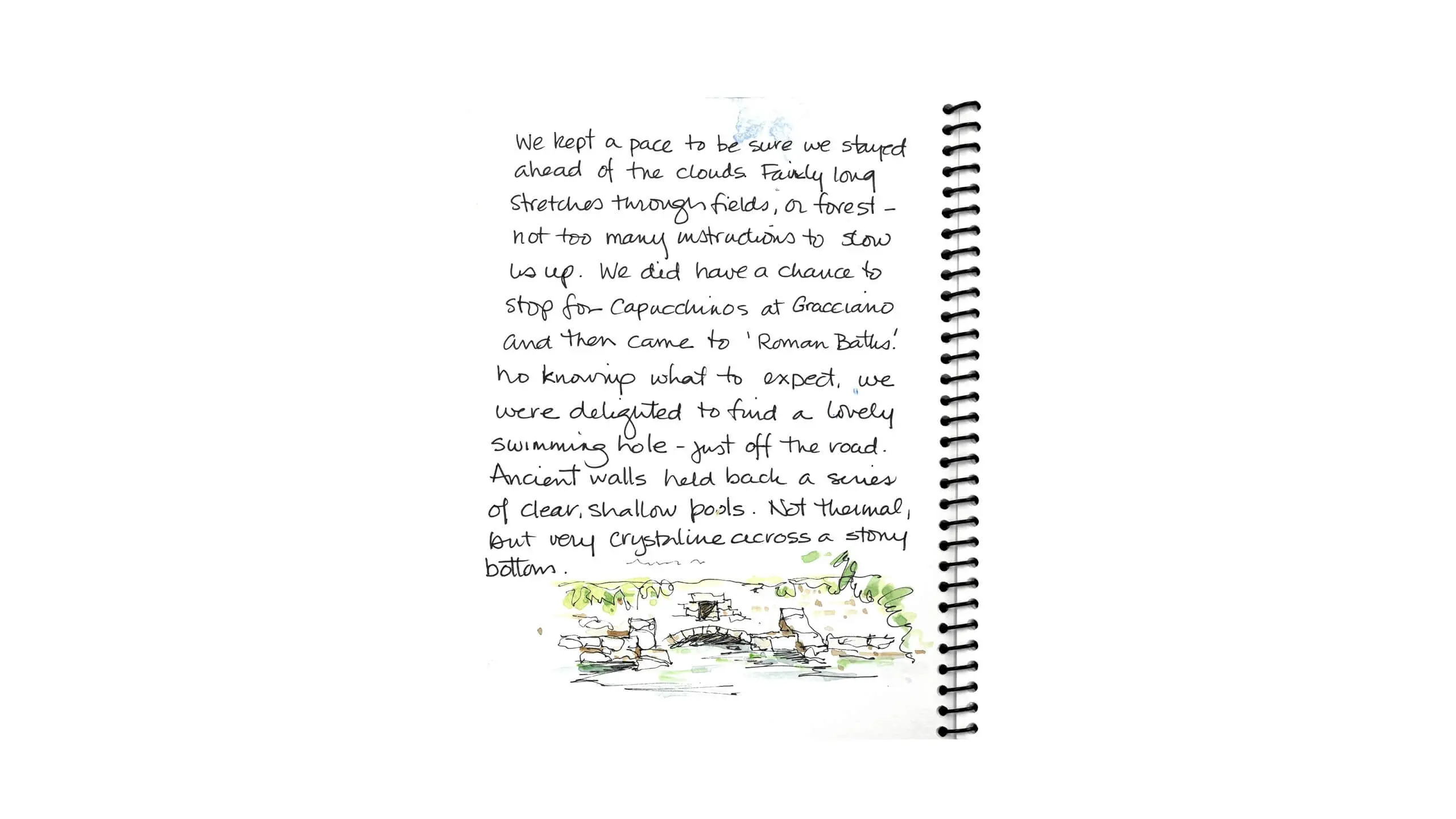 Travel journal page with handwritten text and a small watercolor sketch of pools