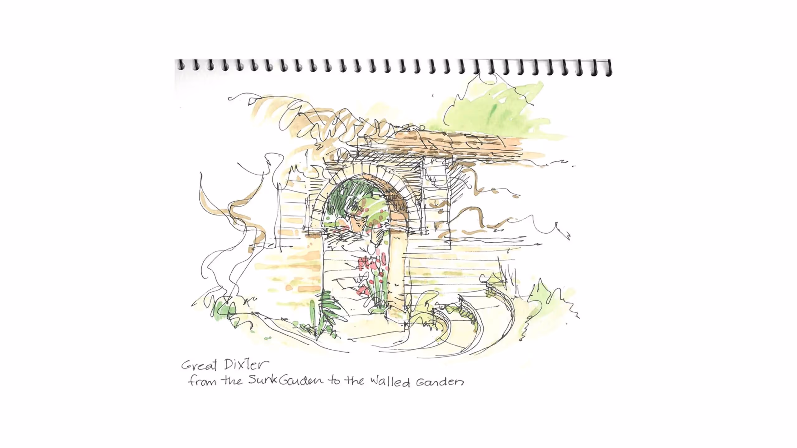 Watercolor sketch of garden archway with stone walls and flowering plants