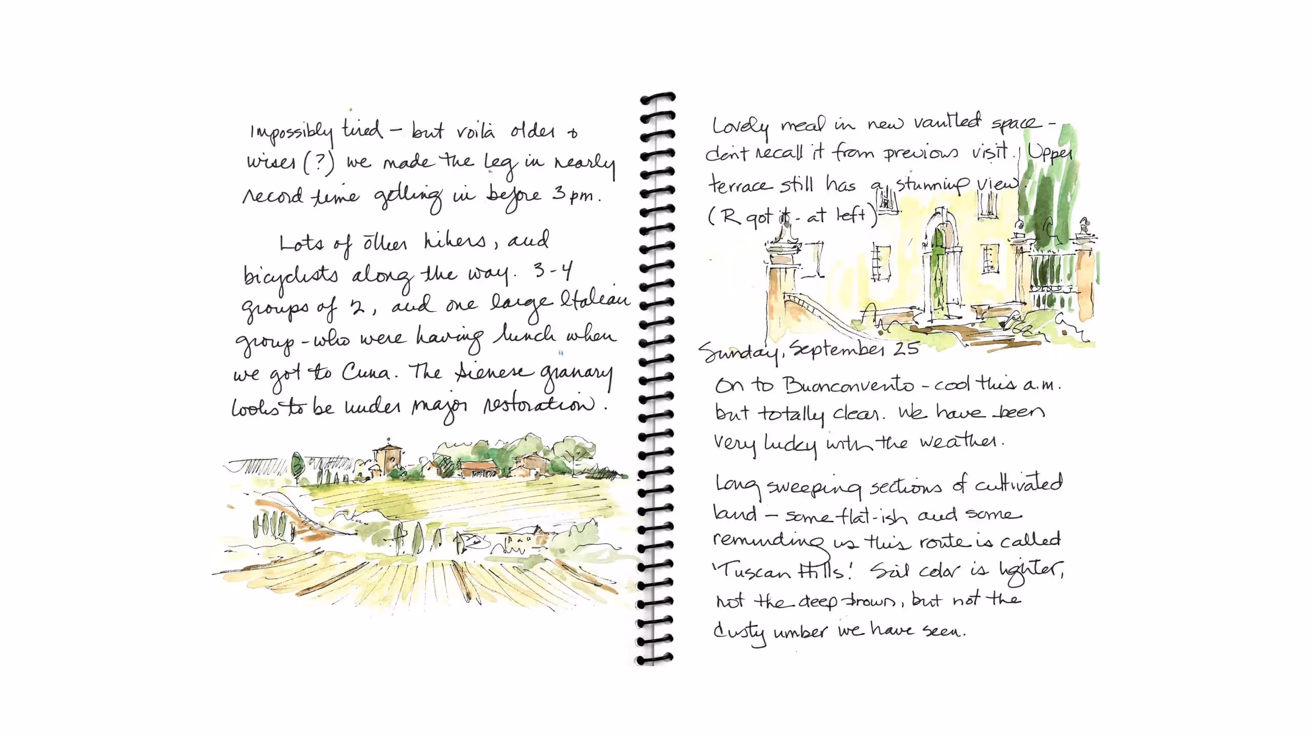 Travel journal with handwritten notes and watercolor sketches of Tuscan landscape