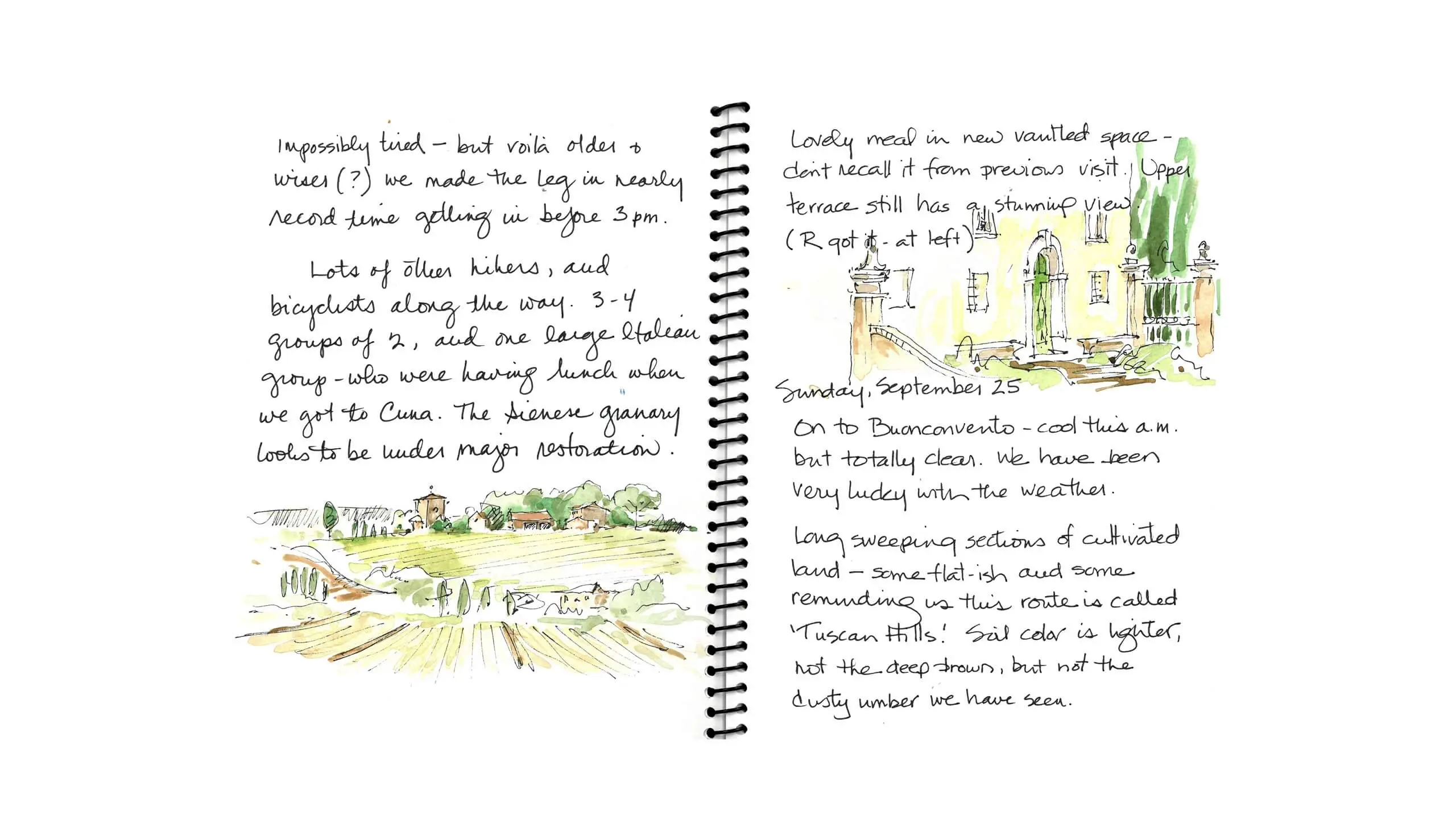 Travel journal with handwritten notes and watercolor sketches of Tuscan landscape