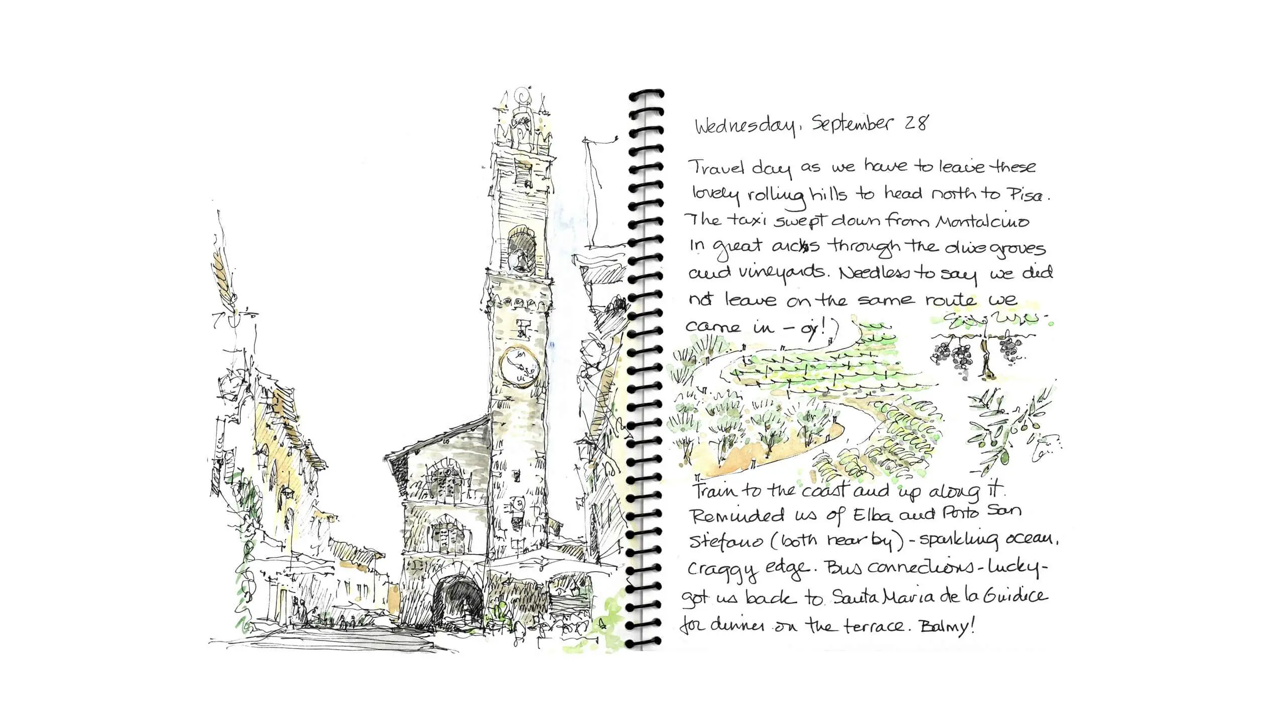 Travel journal sketch of Italian town with clock tower and countryside