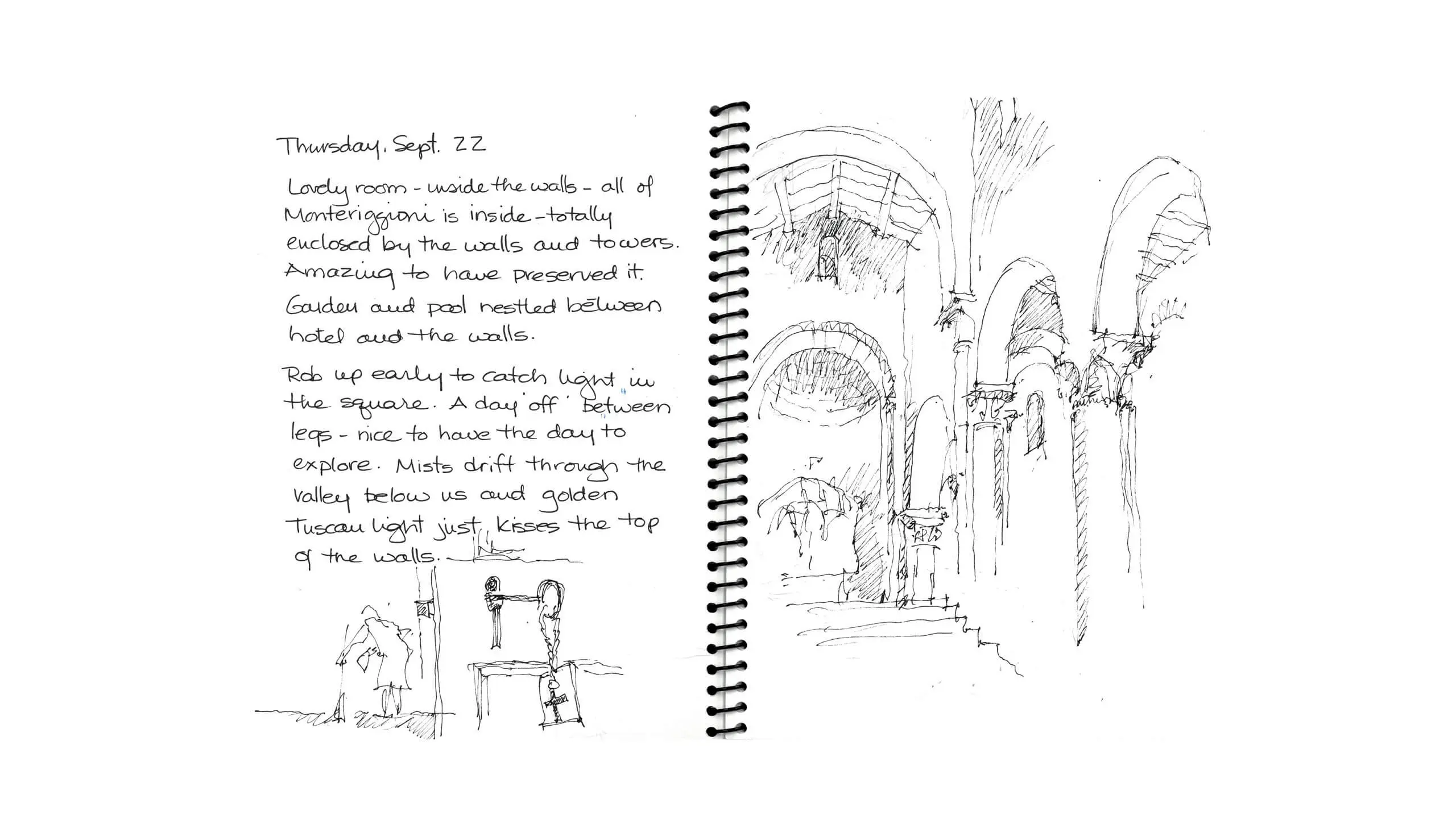 Sketchbook page with architectural drawings and handwritten travel notes