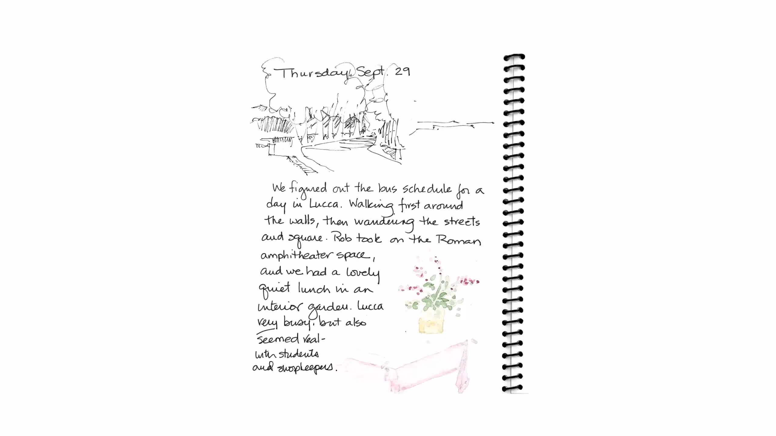 Travel journal page with sketch and notes about a day in Lucca, Italy