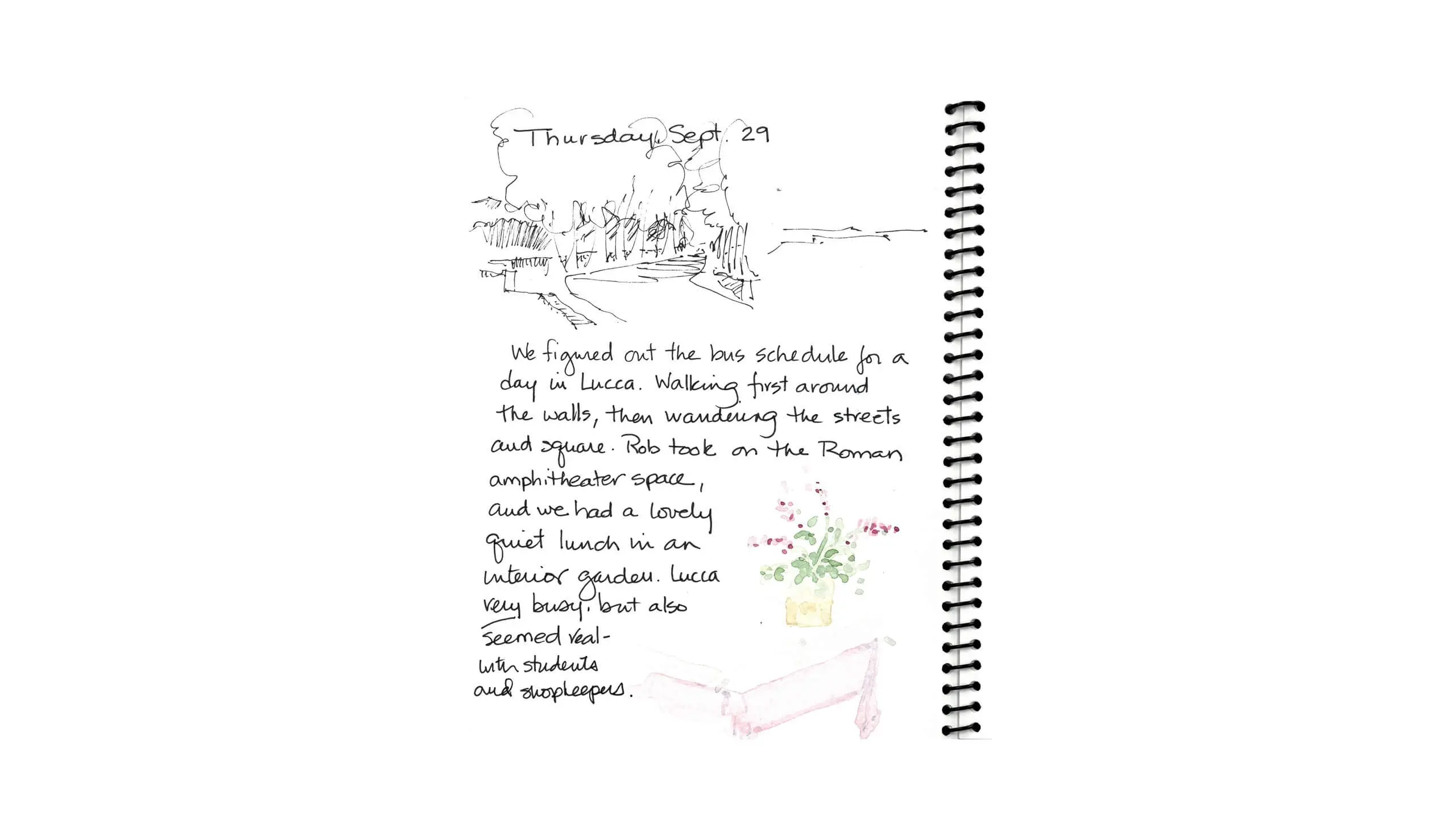 Travel journal page with sketch and notes about a day in Lucca, Italy