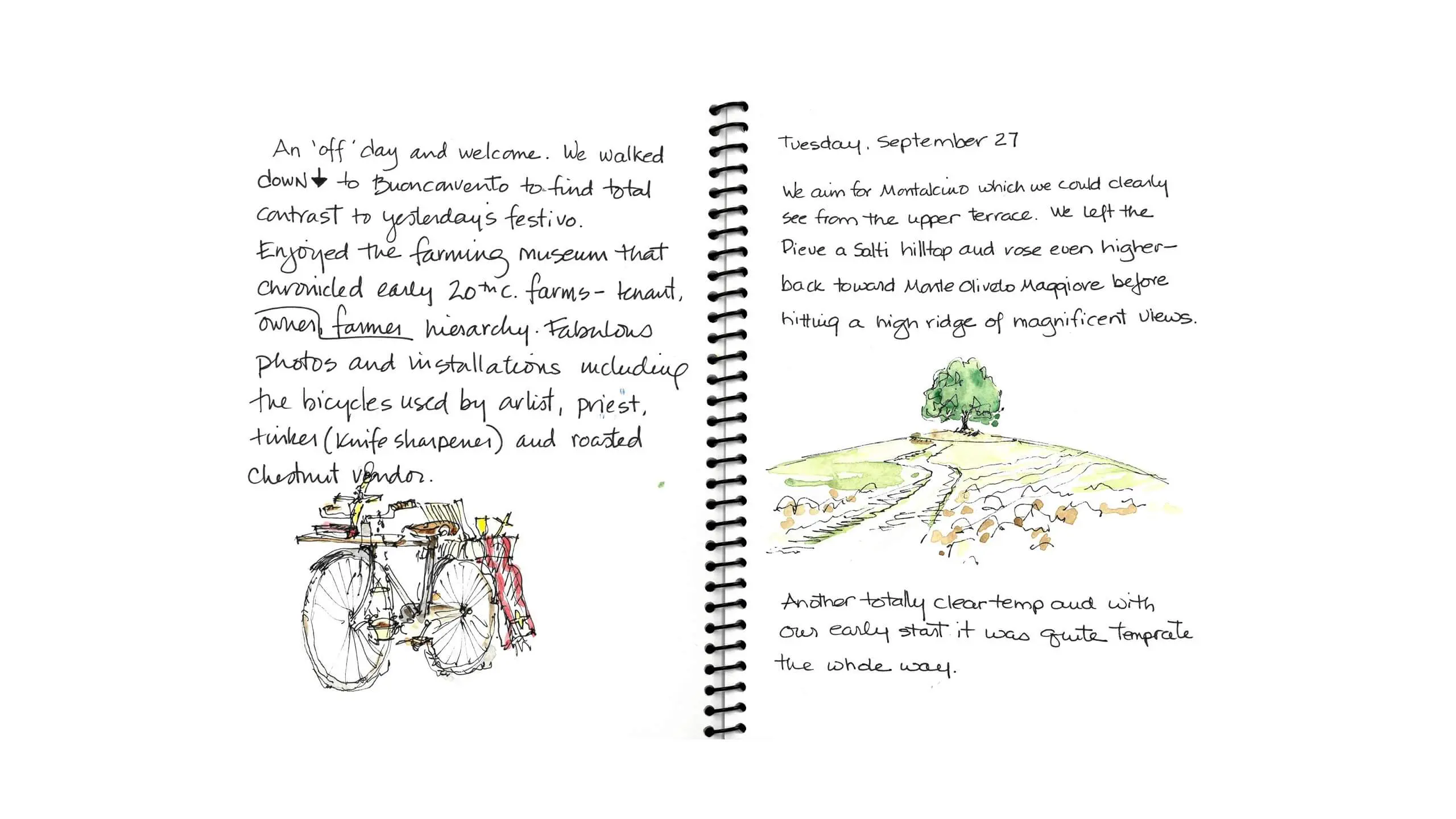 Travel journal with handwritten notes, bicycle sketch, and landscape watercolor