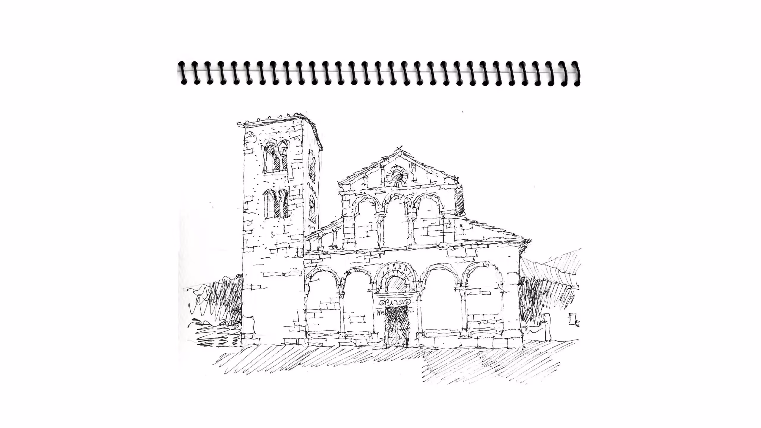 Hand-drawn sketch of an old stone church with arched windows and tower