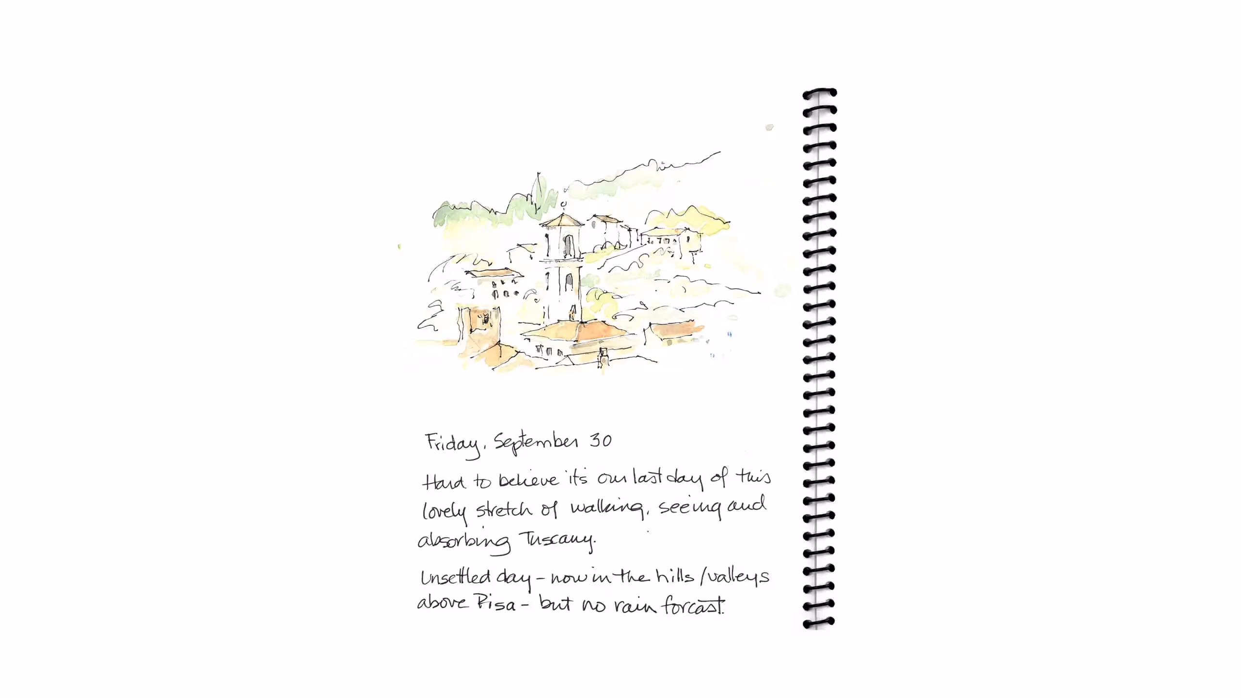 Watercolor sketch of Tuscan hillside village with rooftops and tower