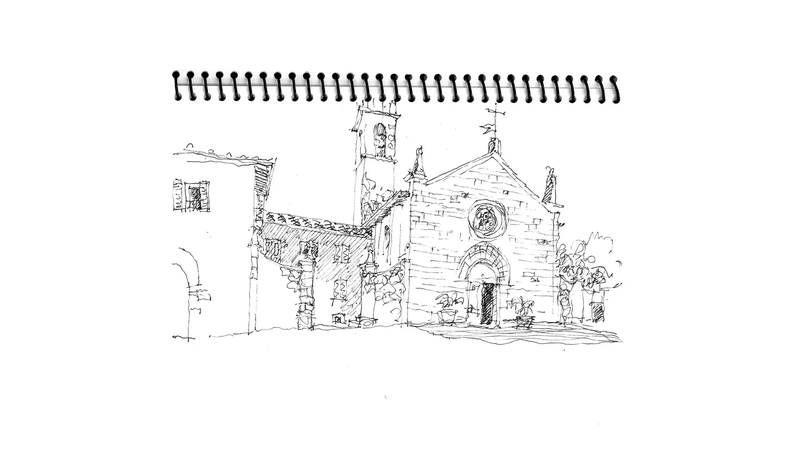 Hand-drawn sketch of a medieval church with architectural details