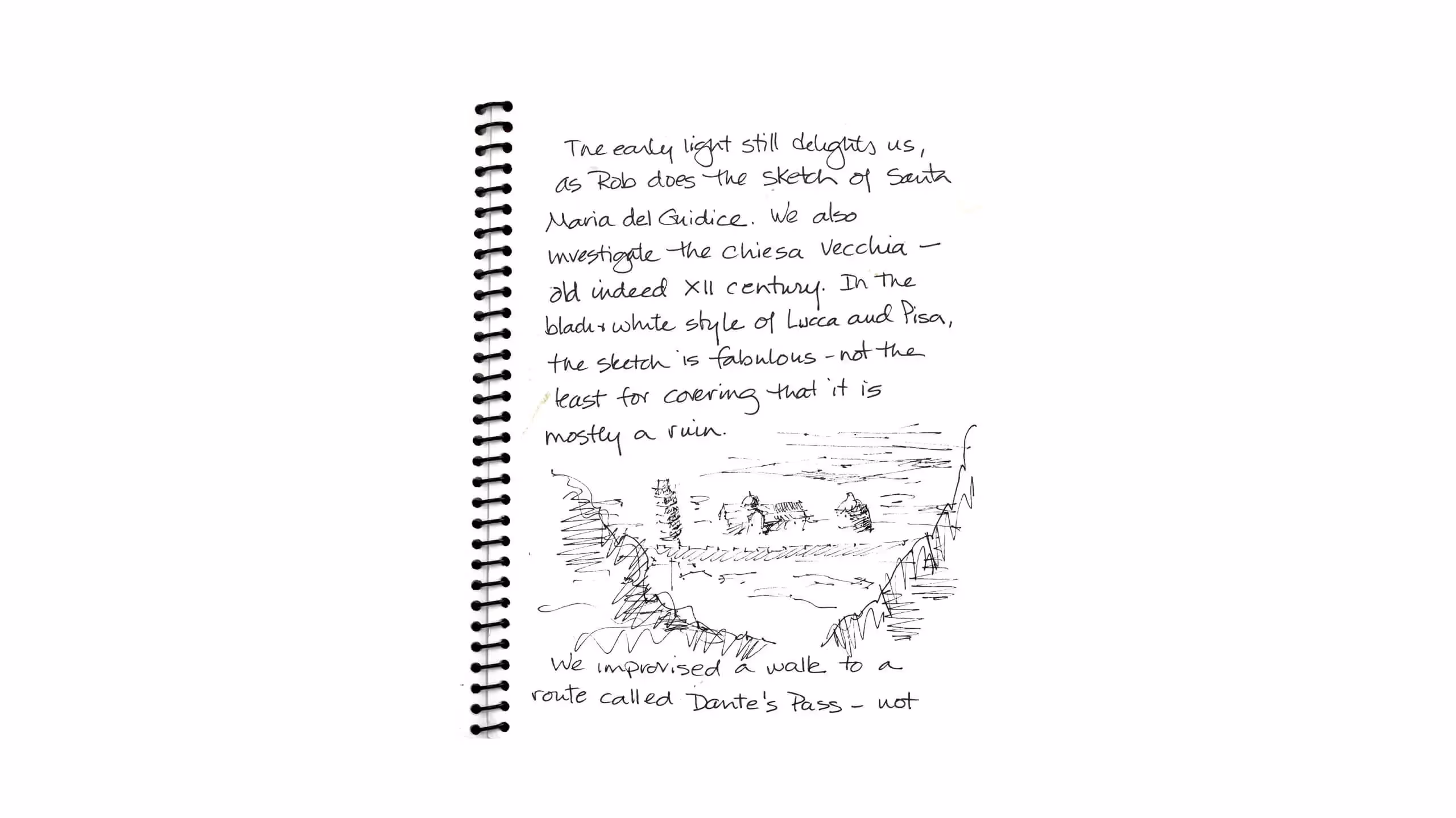 Hand-drawn sketch of landscape with handwritten notes about a journey
