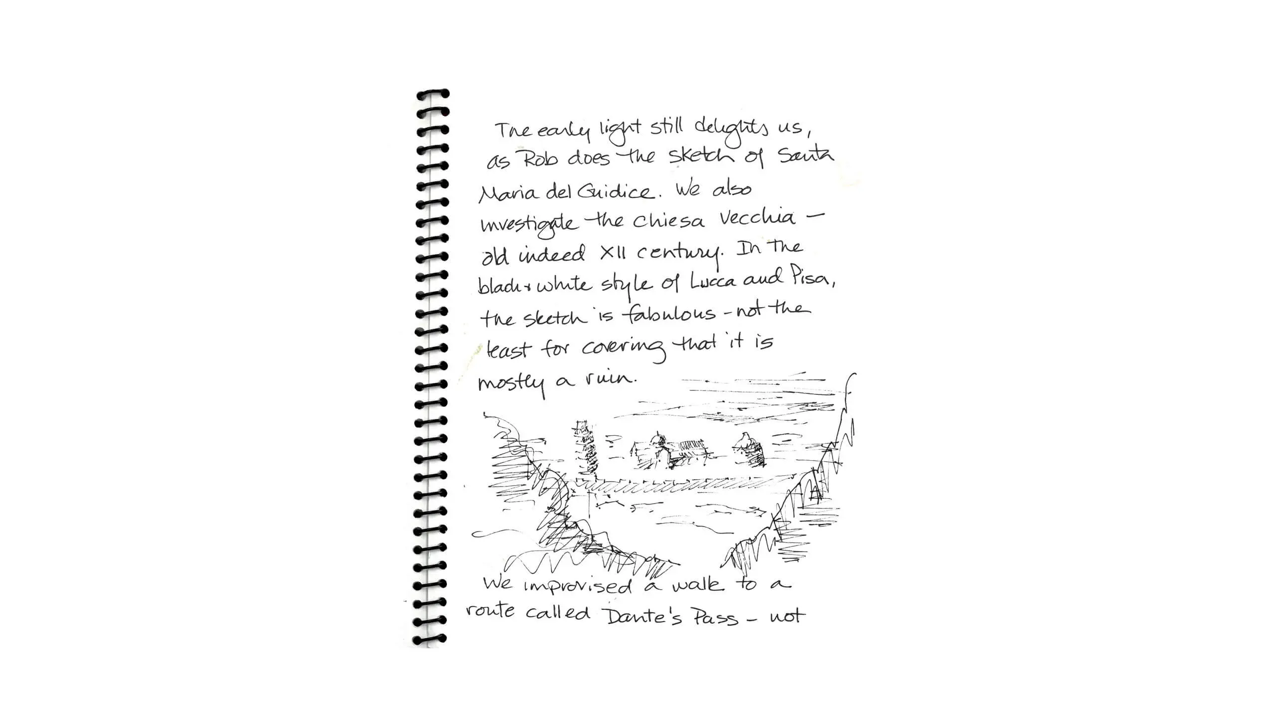 Hand-drawn sketch of landscape with handwritten notes about a journey