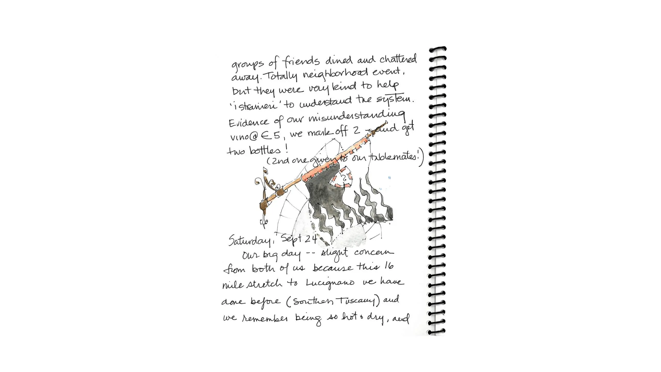 Handwritten journal page with sketch and notes about a Saturday event