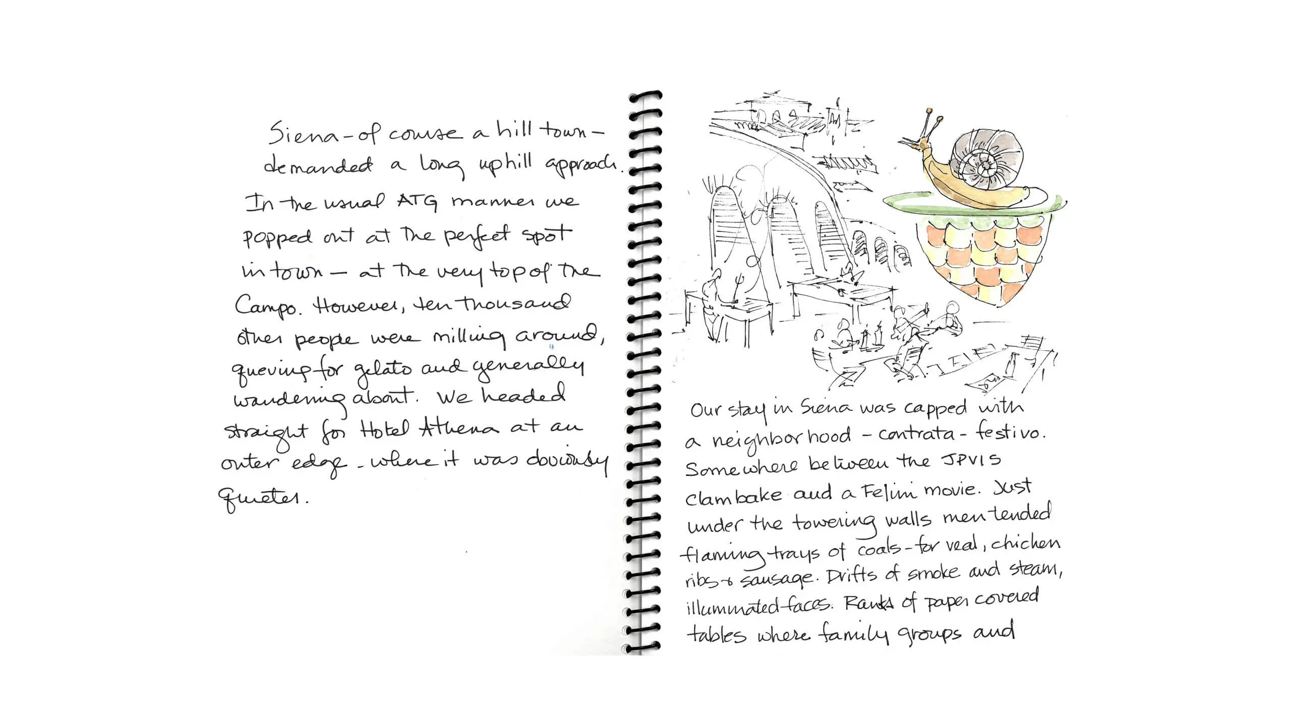 Handwritten journal page describing Siena with sketches and a snail illustration