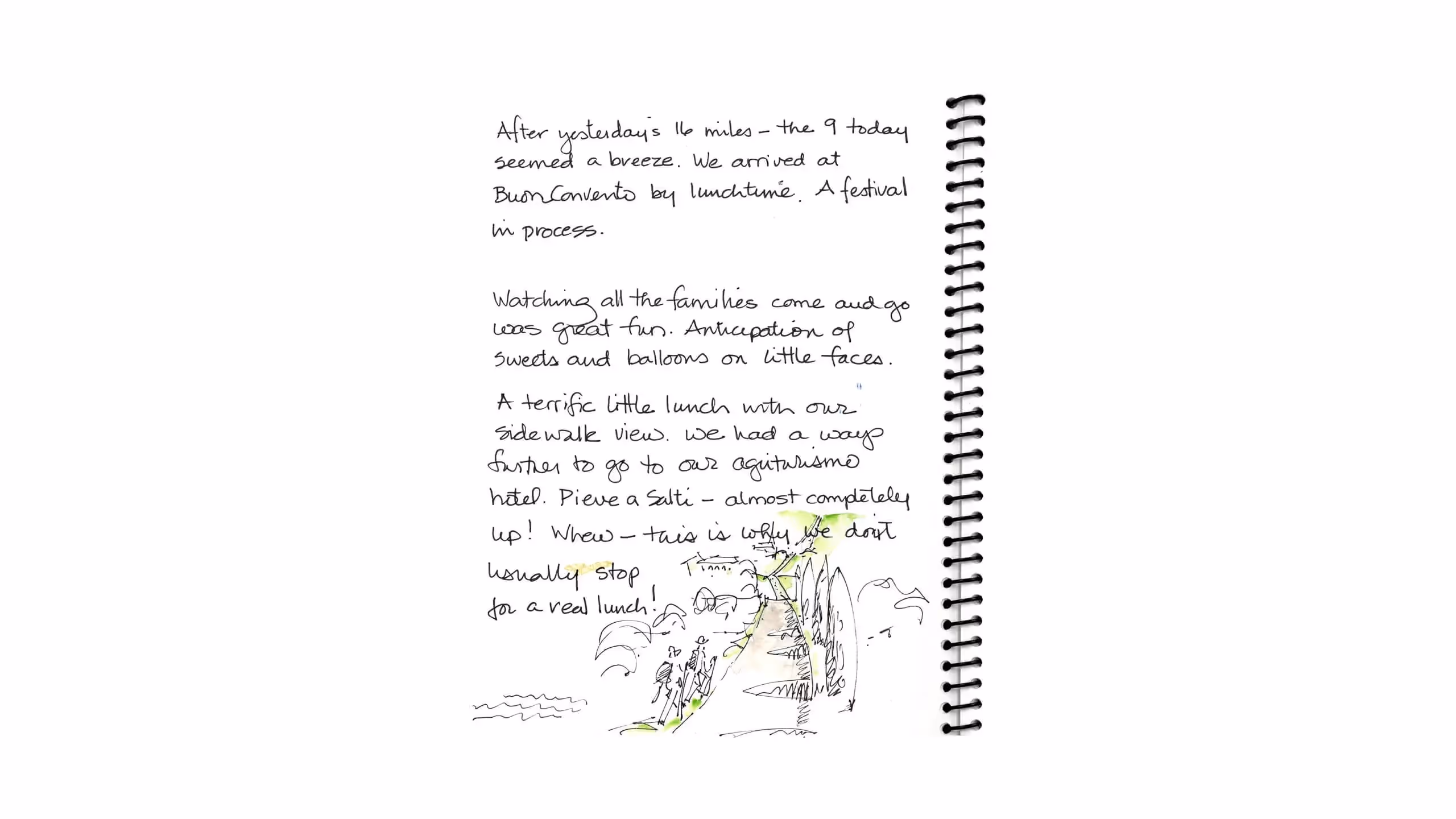 Handwritten journal page with sketch describing a festival day trip