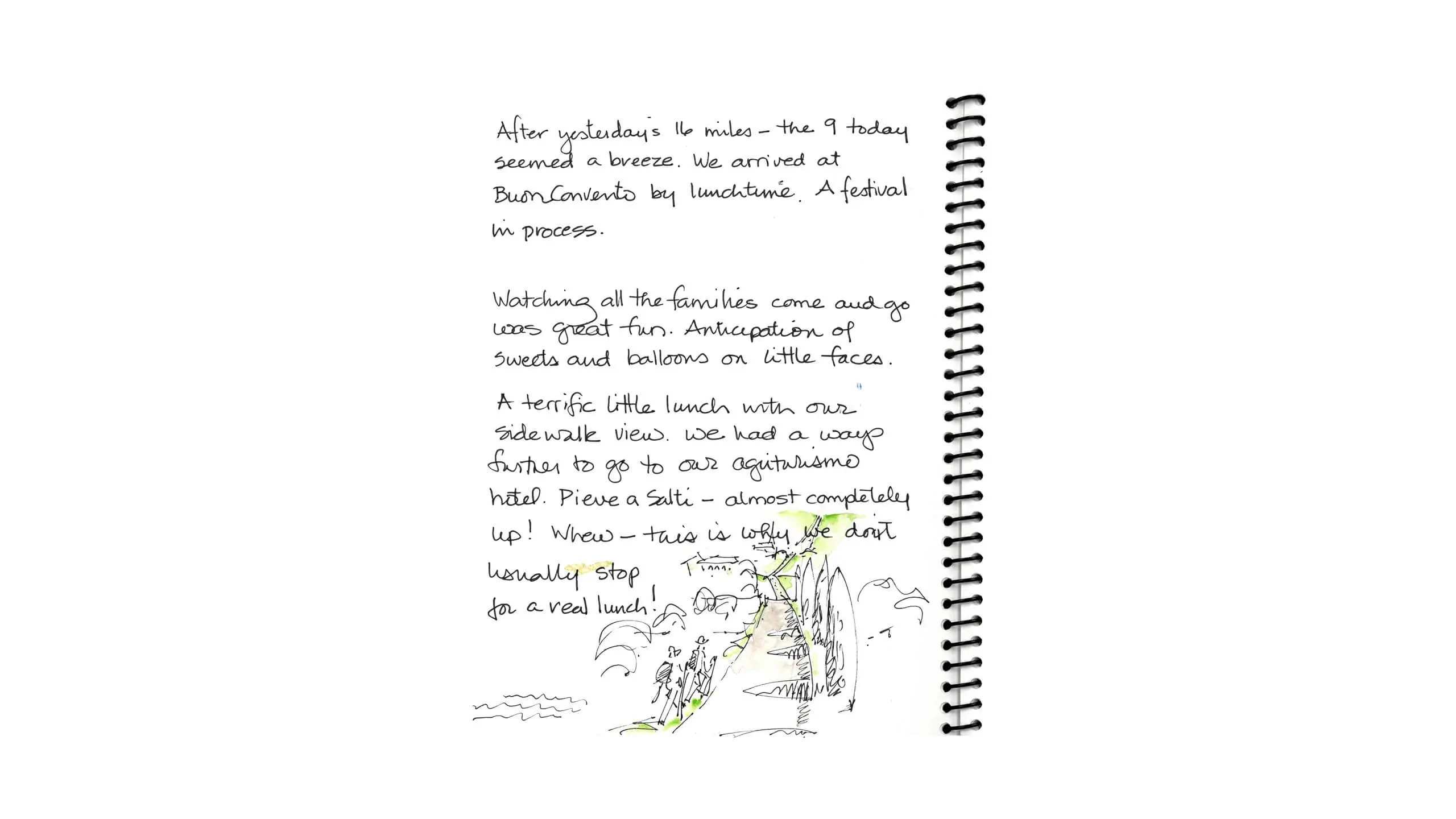 Handwritten journal page with sketch describing a festival day trip