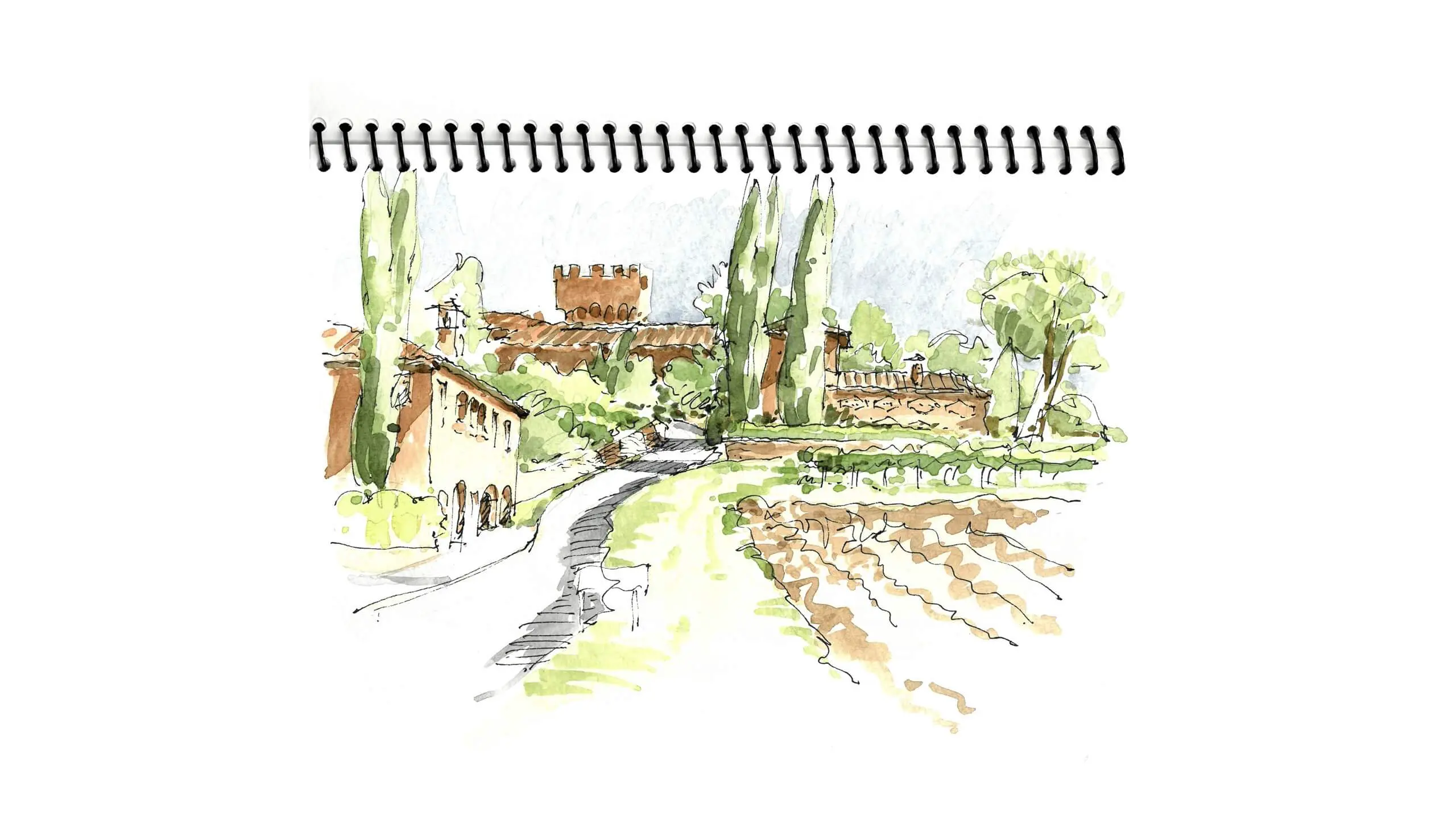 Watercolor sketch of Tuscan countryside with cypress trees and stone buildings