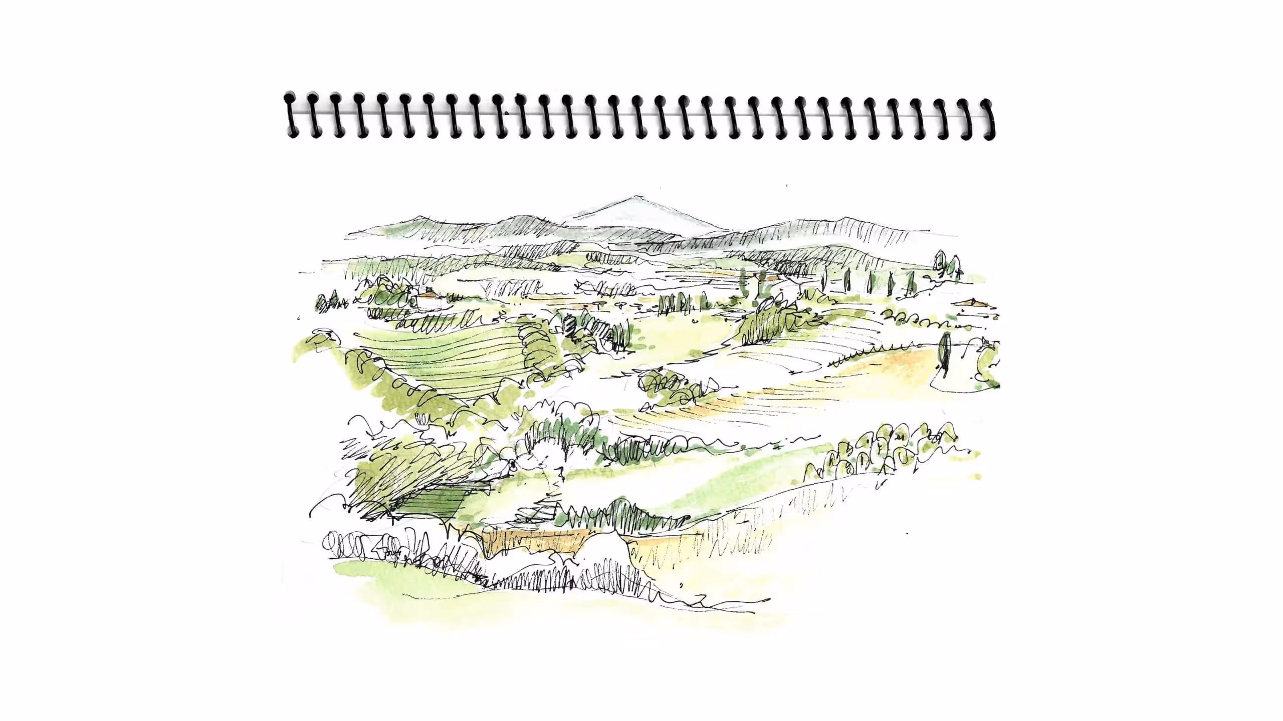 Watercolor sketch of rolling green hills with mountains and trees