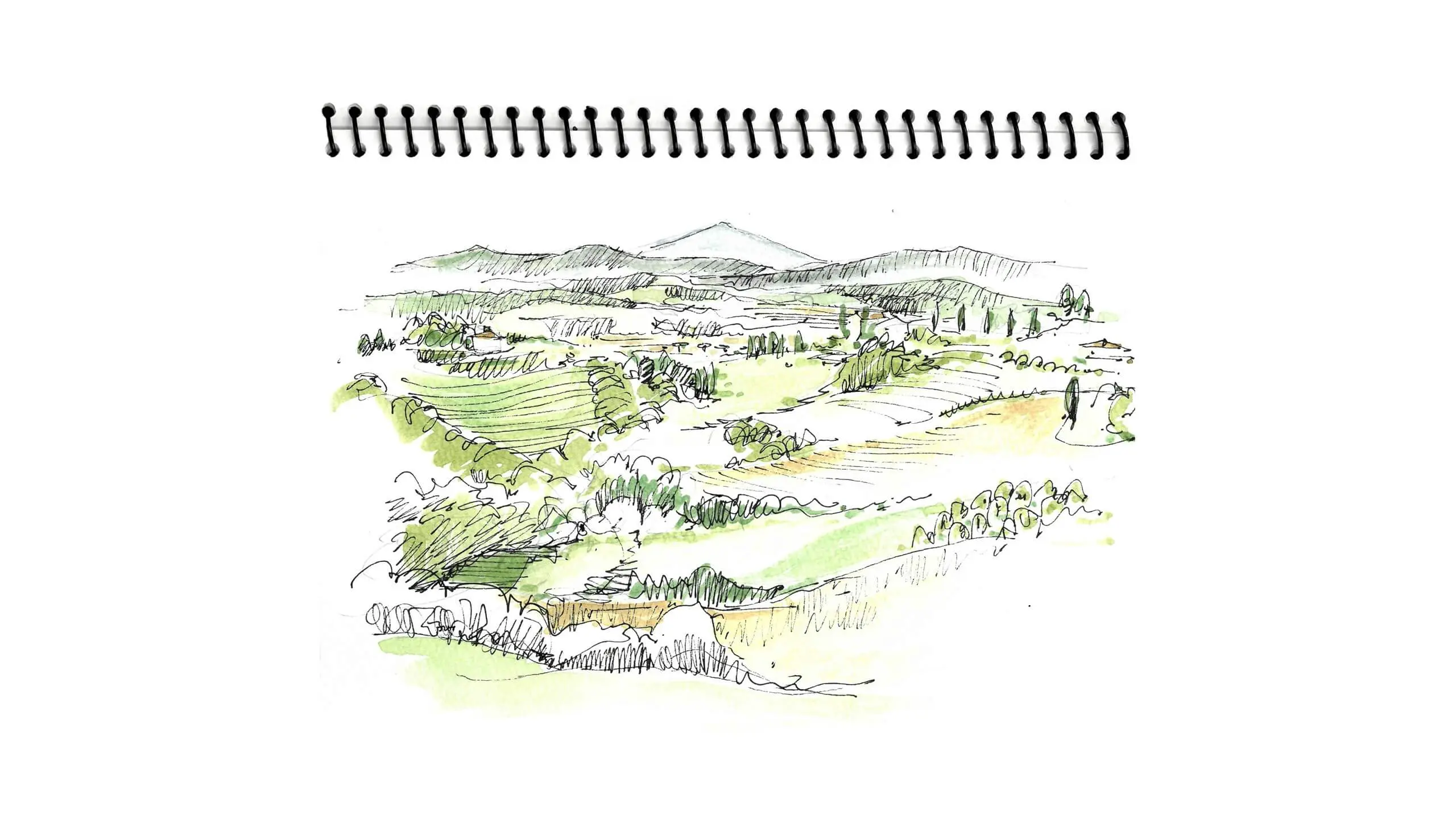 Watercolor sketch of rolling green hills with mountains and trees