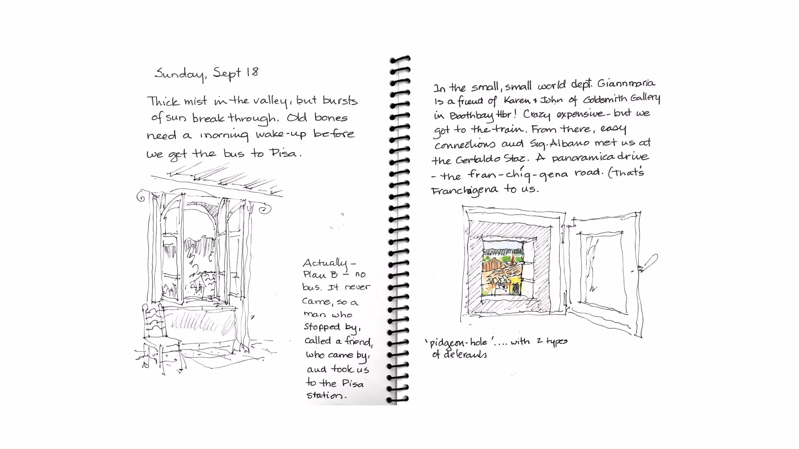 Handwritten travel journal with sketches and notes about a day's journey