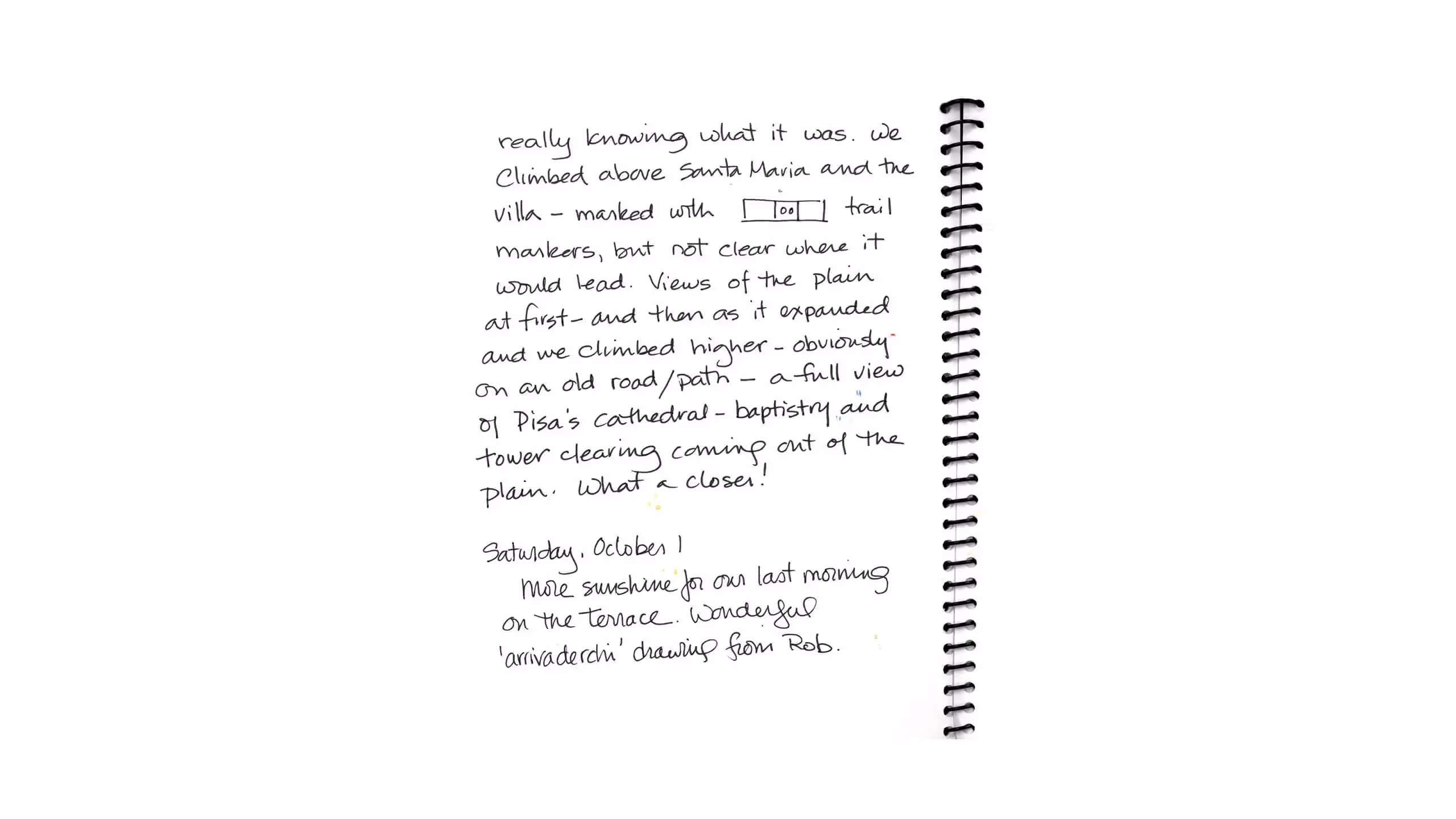 Handwritten journal entry about a travel day near Pisa, Italy