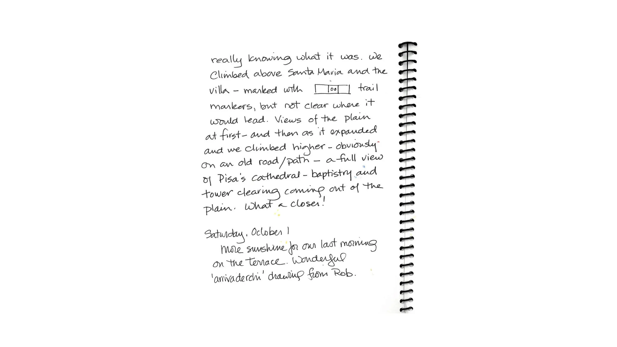 Handwritten journal entry about a travel day near Pisa, Italy