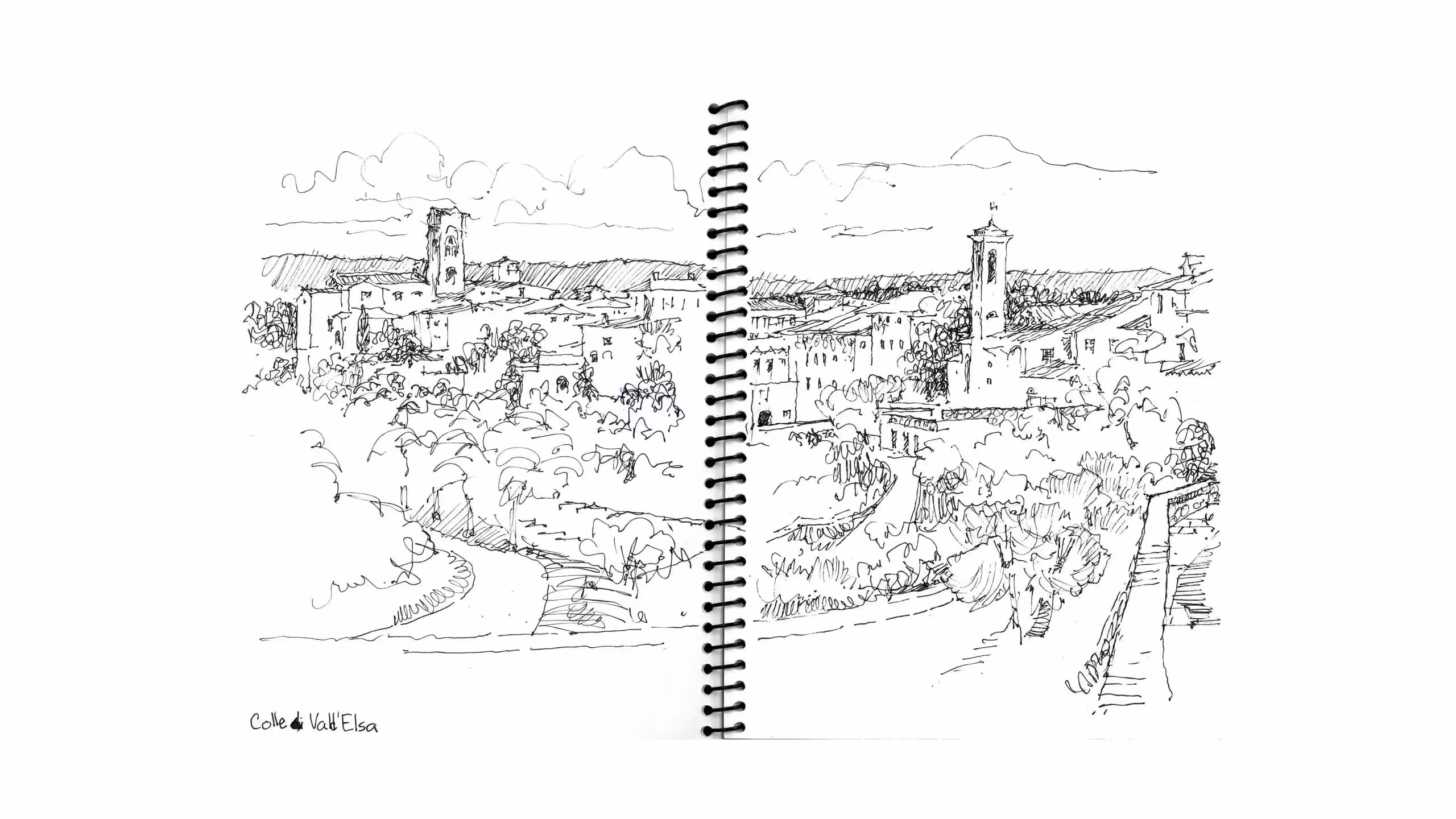 Sketch of a small Italian hillside town with buildings and winding road