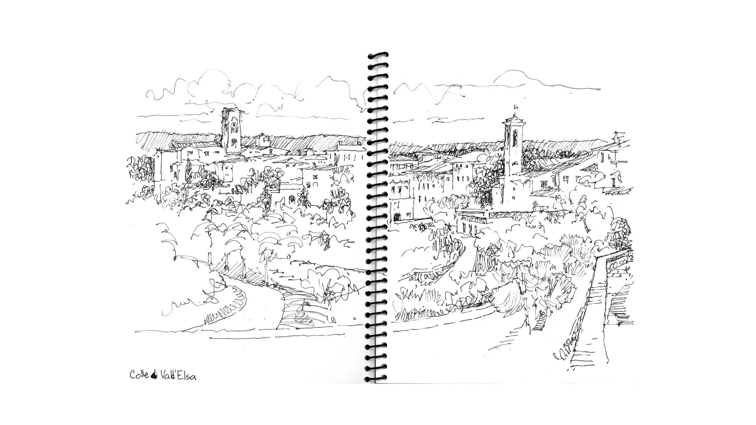 Sketch of a small Italian hillside town with buildings and winding road